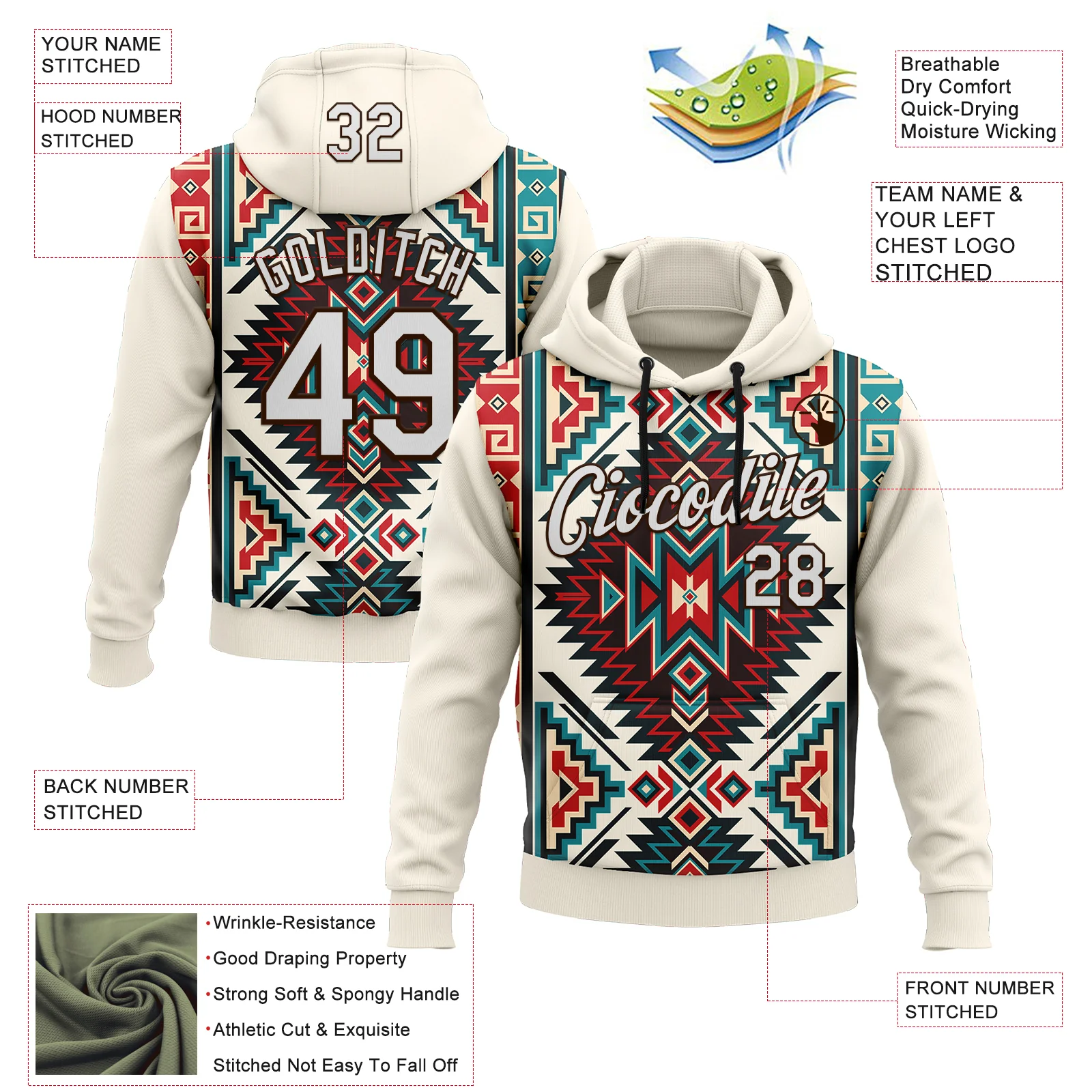 Custom Stitched Cream White-Brown 3D Pattern Design Tribal Ethnic Native American Sports Pullover Sweatshirt Hoodie - Image 2