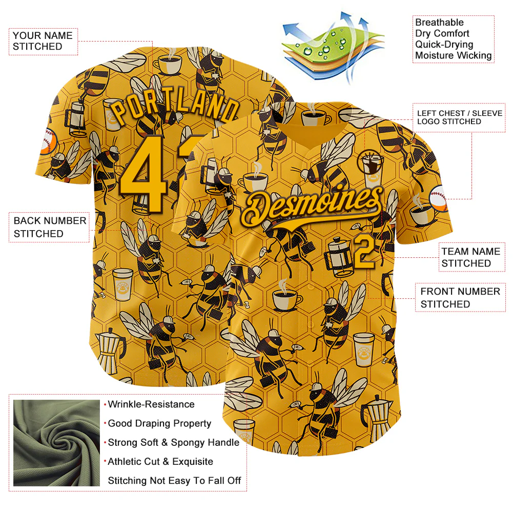 Custom Gold Gold-Brown 3D Tobe Fonseca Coffee Worker Bee Authentic Baseball Jersey - Image 3