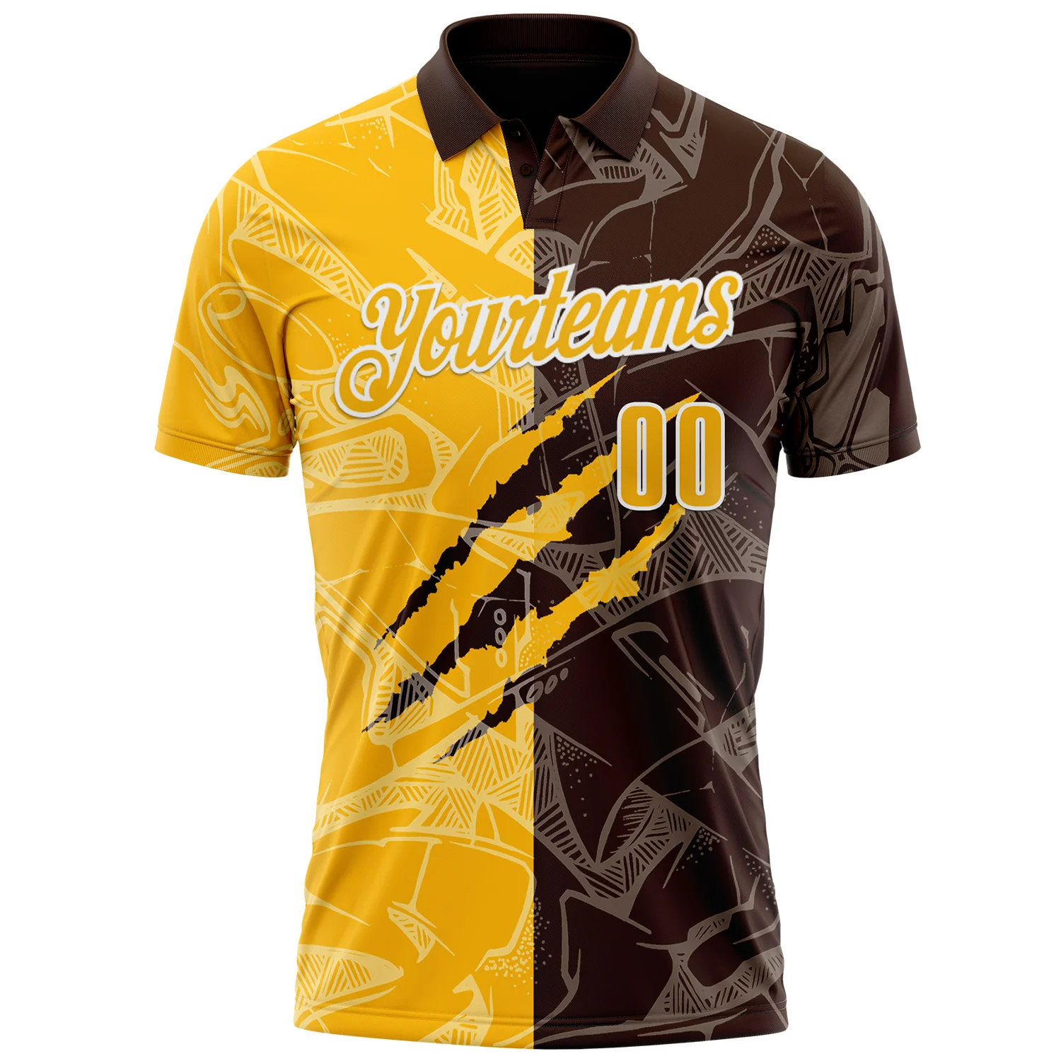 Custom Graffiti Pattern Gold Brown-White 3D Scratch Performance Polo Shirt - Image 2