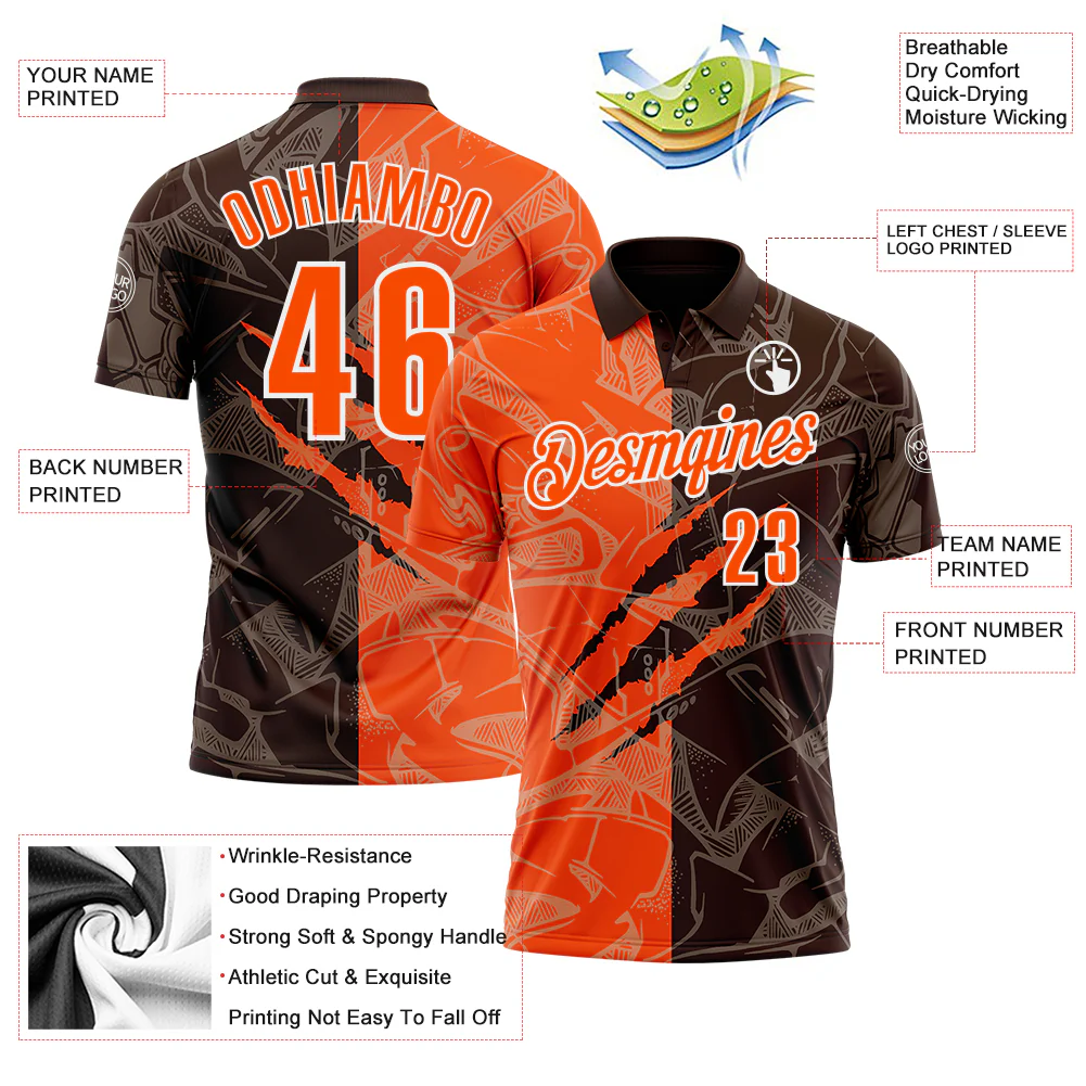 Custom Graffiti Pattern Orange Brown-White 3D Scratch Performance Polo Shirt - Image 3