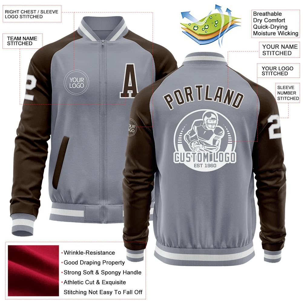 Custom Gray White-Brown Varsity Letterman Two Tone Zipper Jacket - Image 4