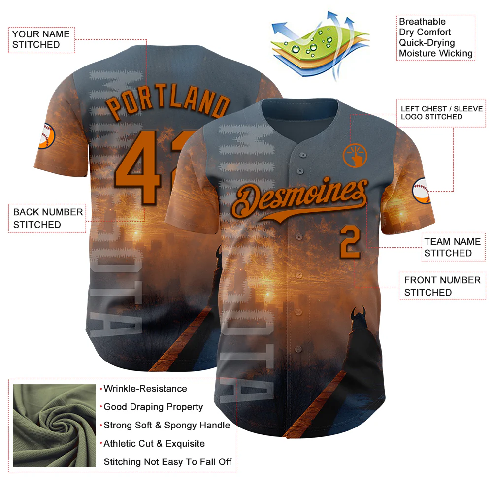 Custom Gray Texas Orange-Brown Minnesota Sunset Cityscape Vikings City Symbol Authentic Baseball Jersey - Image 3