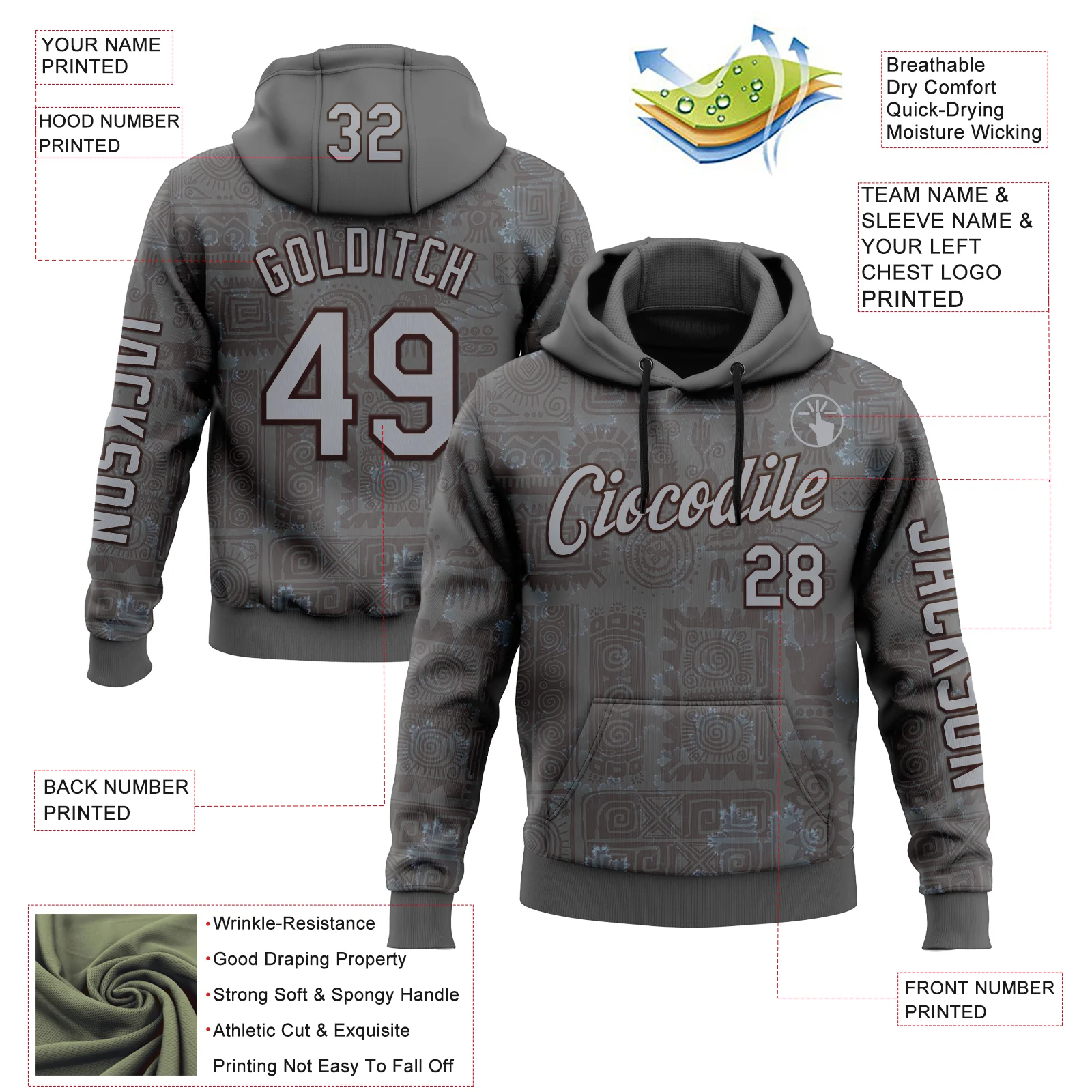 Custom Gray Brown 3D Pattern Design Ethnic Tribal Sportswear Pullover Sweatshirt Hoodie - Image 2