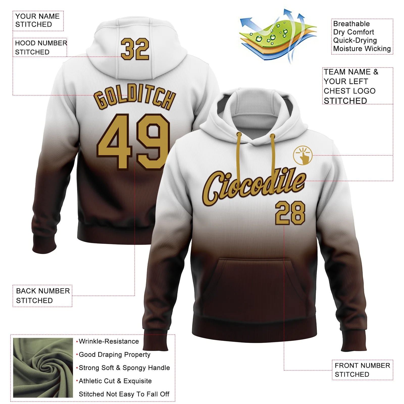 Custom Stitched White Old Gold-Brown Fade Fashion Sports Pullover Sweatshirt Hoodie - Image 2