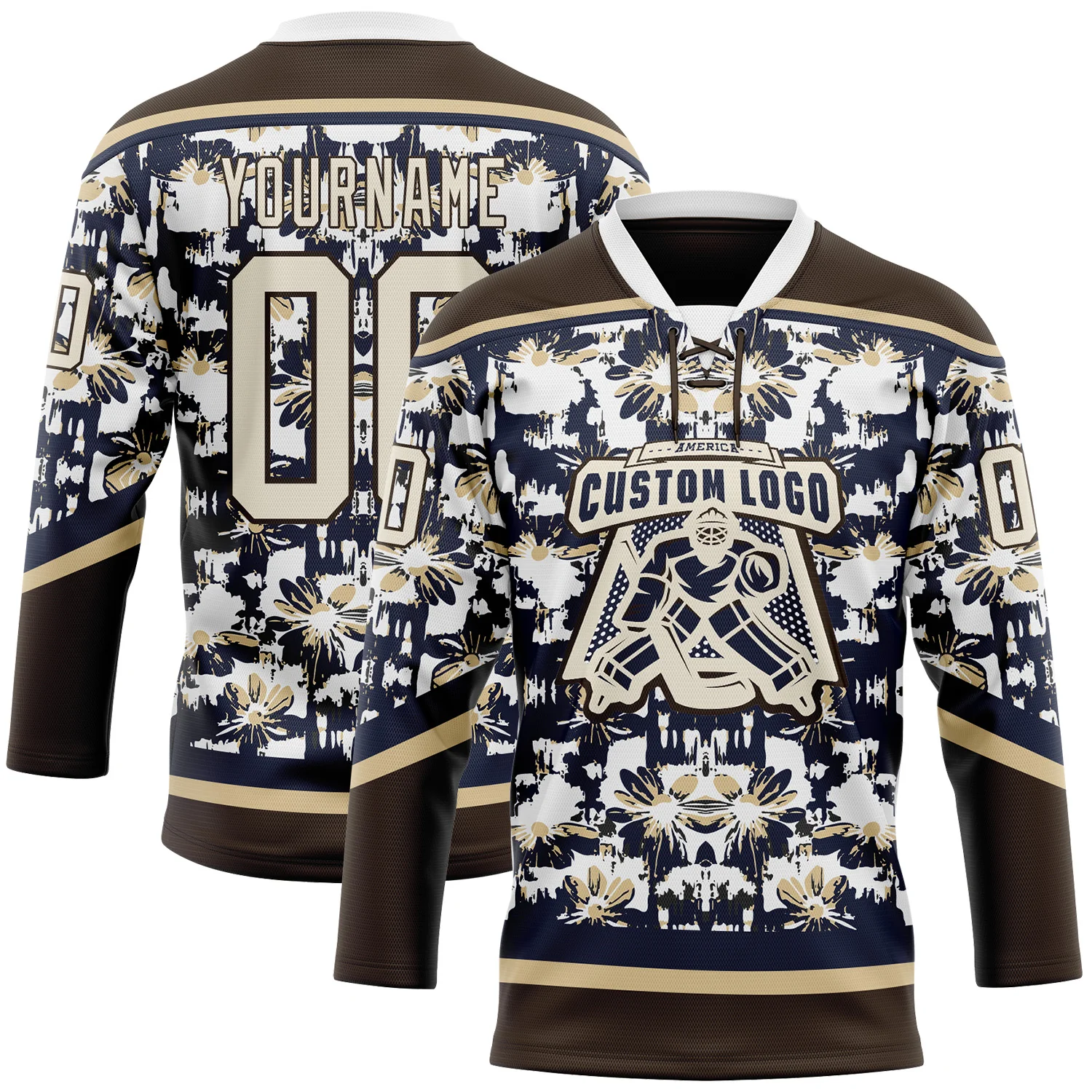 Custom Navy Cream Brown-Vegas Gold Tribal Indigenous Grunge Floral Splash Hockey Lace Neck Jersey - Image 2