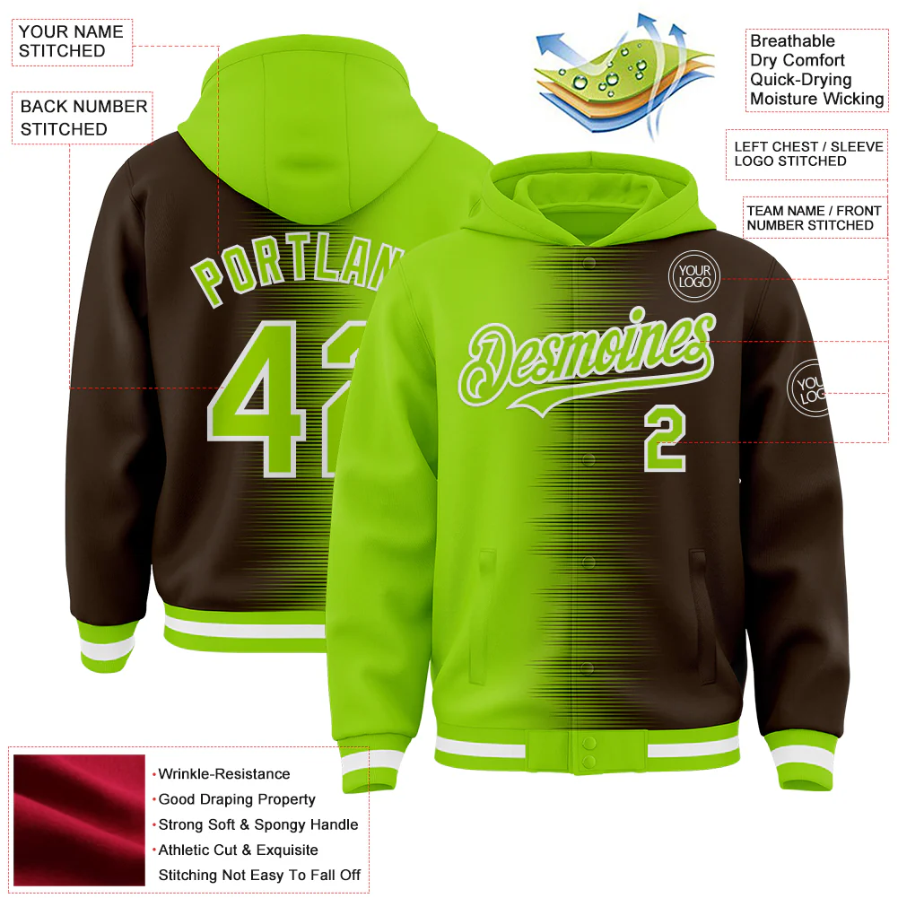 Custom Neon Green Brown-White Gradient Line Bomber Full-Snap Varsity Letterman Hoodie Jacket - Image 4