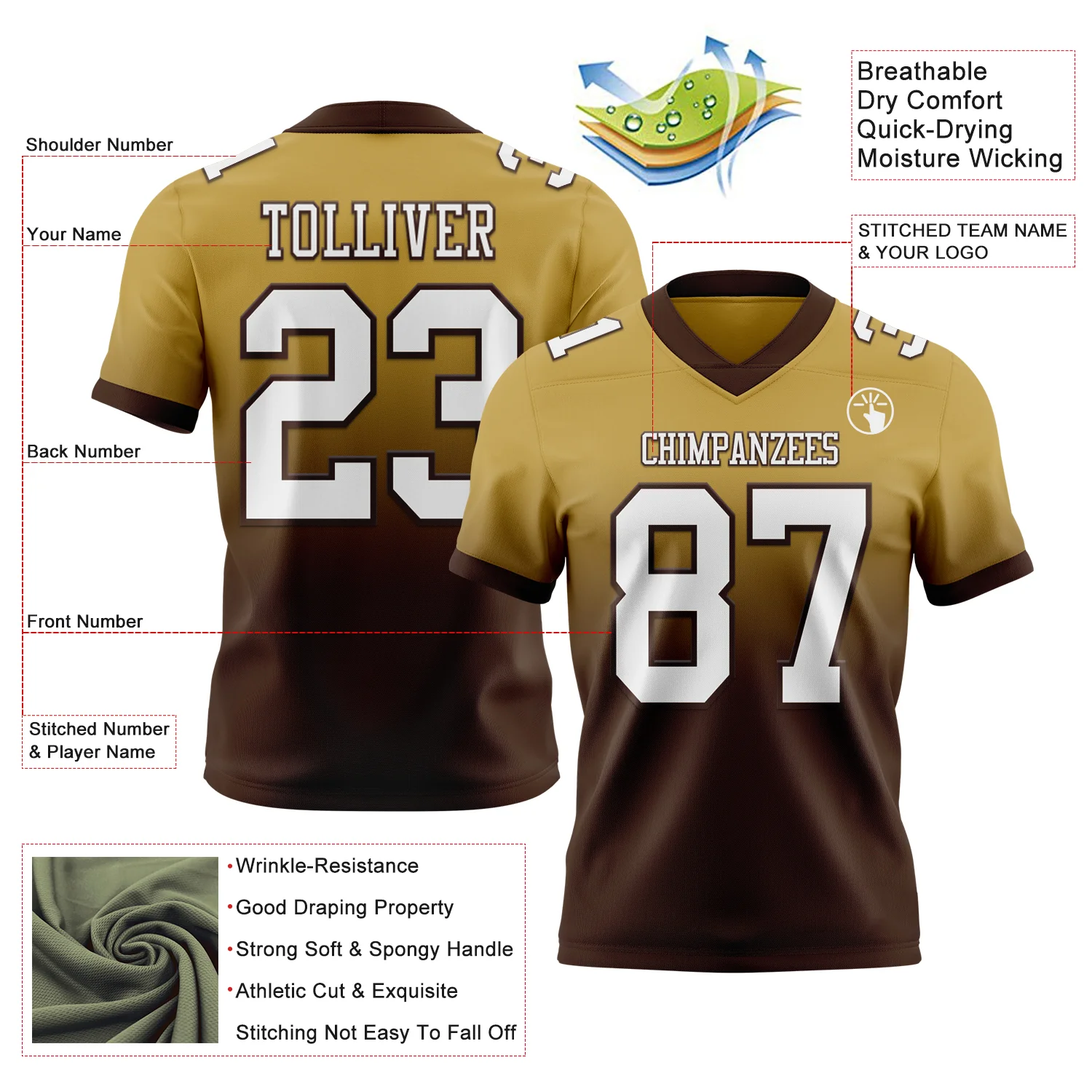 Custom Old Gold White-Brown Authentic Fade Fashion Football Jersey - Image 2