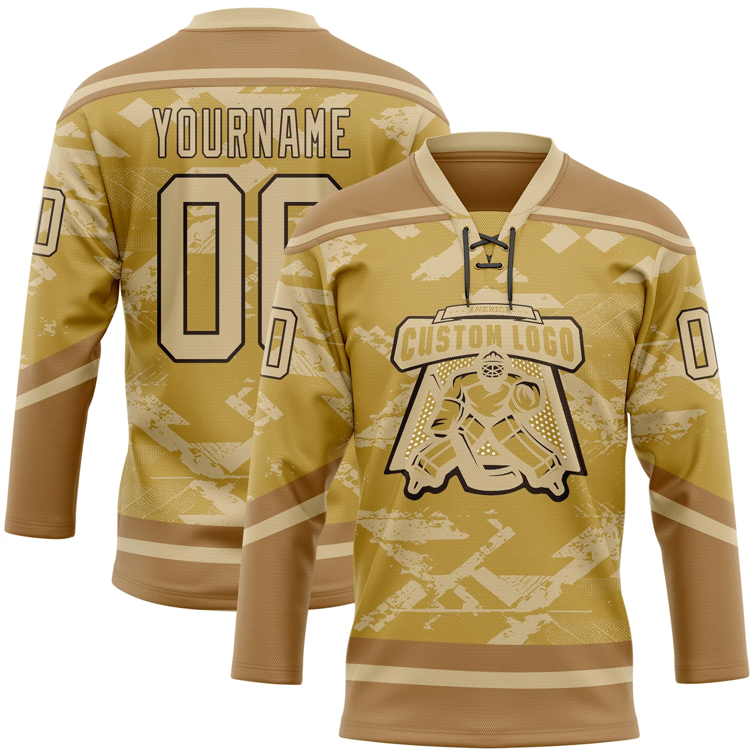 Custom Old Gold Vegas Gold Brown-Black Tribal Indigenous Grunge Splash Hockey Lace Neck Jersey - Image 2