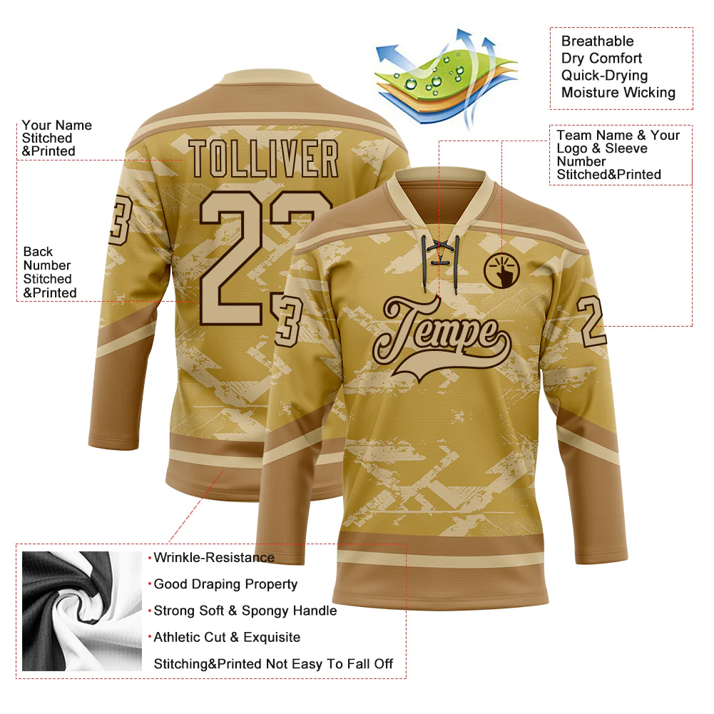 Custom Old Gold Vegas Gold Brown-Black Tribal Indigenous Grunge Splash Hockey Lace Neck Jersey - Image 5