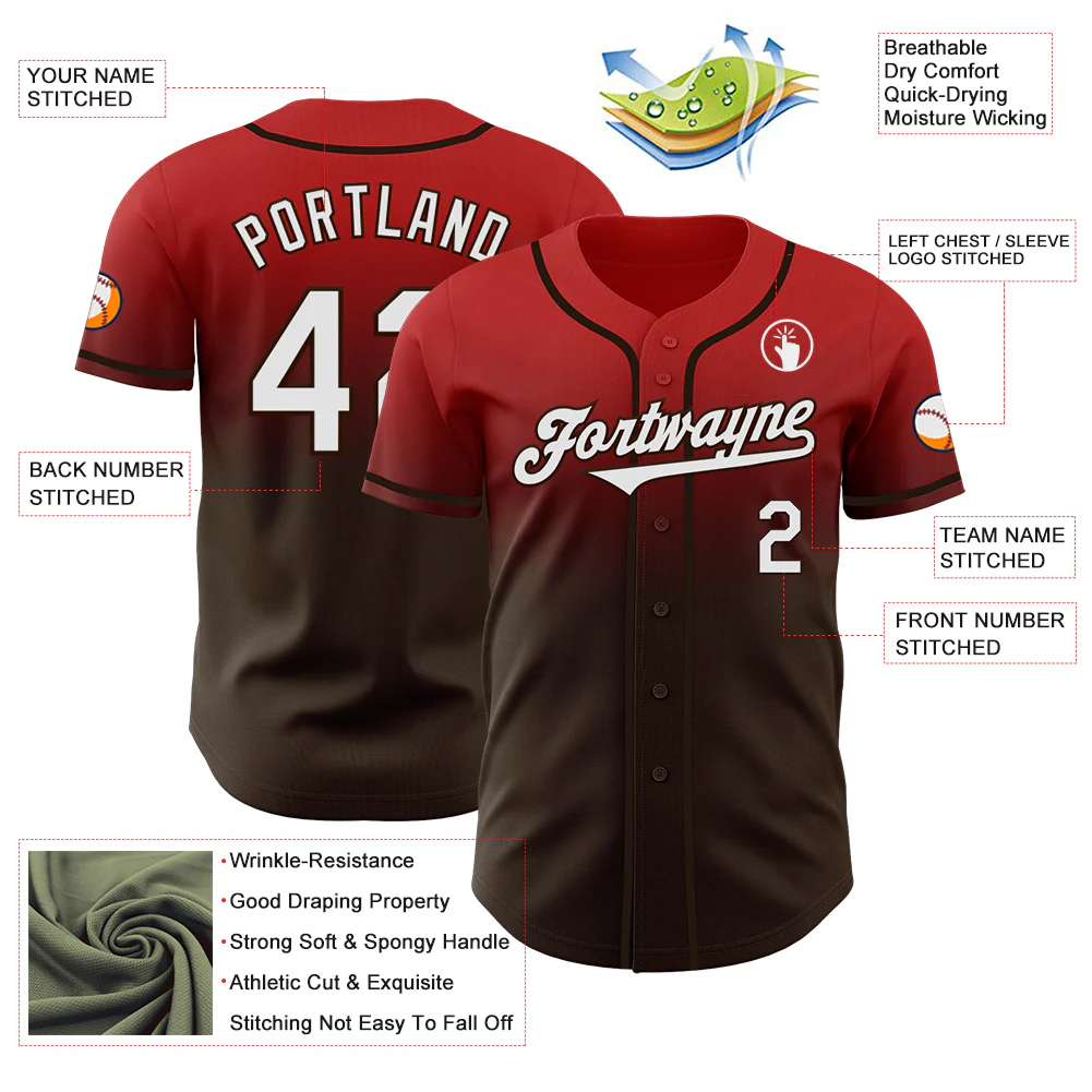 Custom Red White-Brown Authentic Fade Fashion Baseball Jersey - Image 3