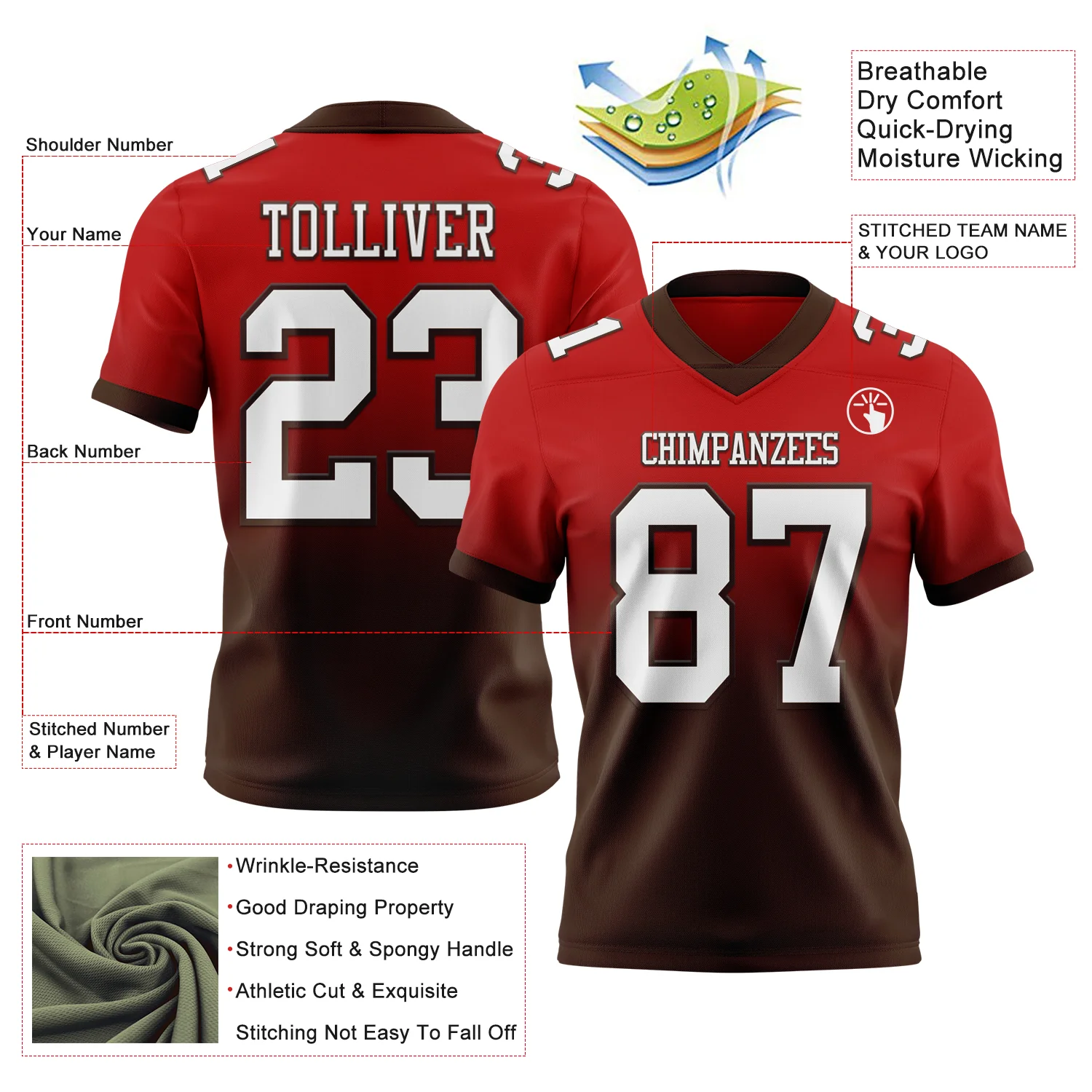 Custom Red White-Brown Authentic Fade Fashion Football Jersey - Image 2