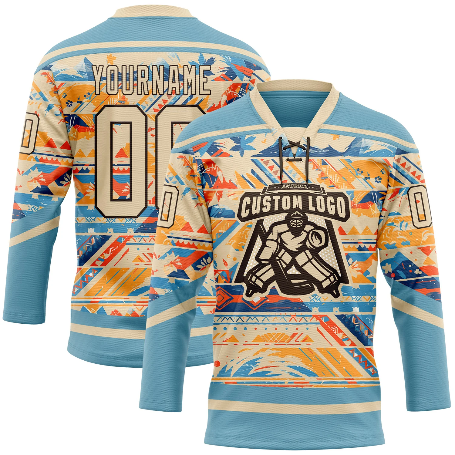 Custom Shadow Blue City Cream Brown-Orange Tribal Indigenous Grunge Splash Hockey Lace Neck Jersey - Image 2