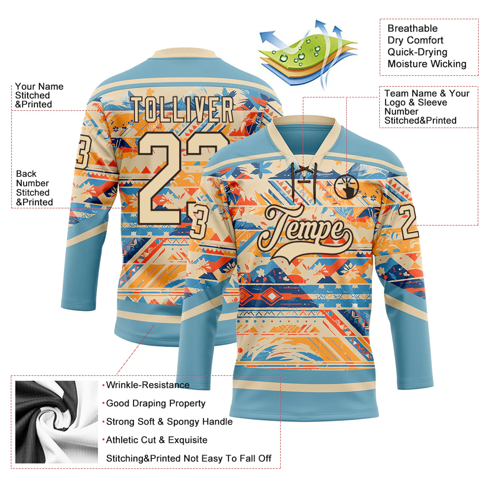 Custom Shadow Blue City Cream Brown-Orange Tribal Indigenous Grunge Splash Hockey Lace Neck Jersey - Image 5