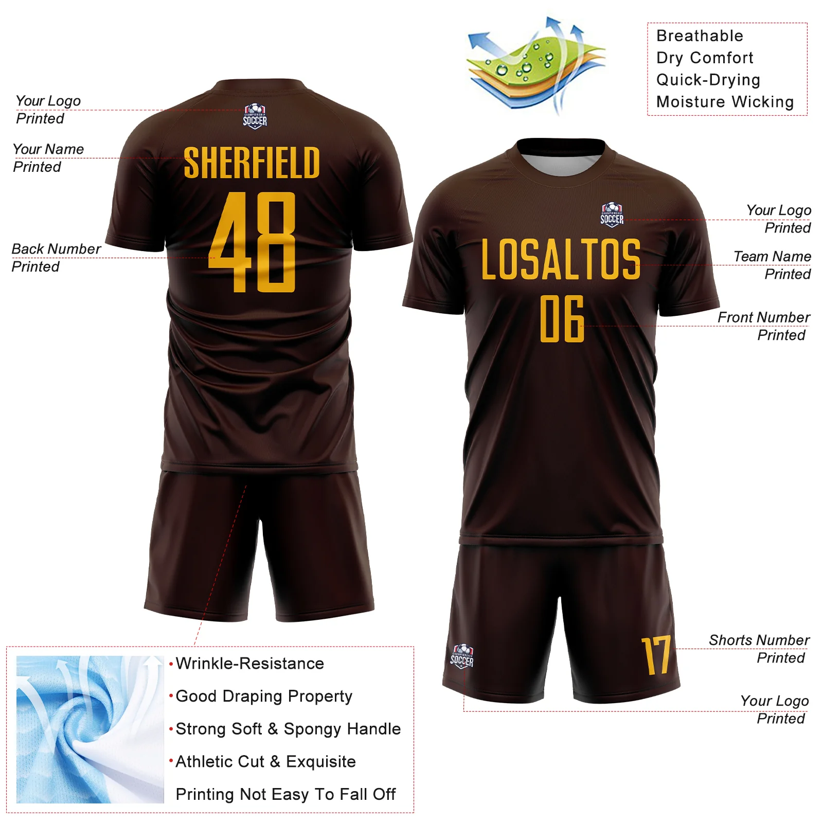 Custom Brown Gold Sublimation Soccer Uniform Jersey - Image 4