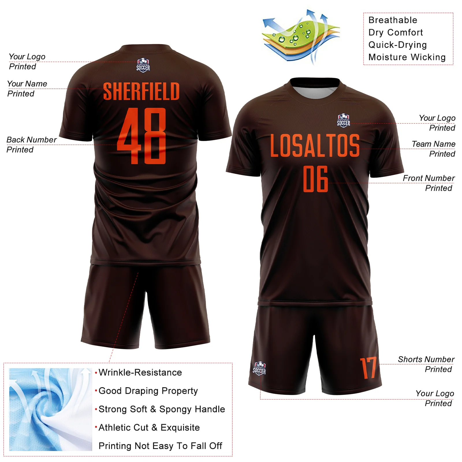 Custom Brown Orange Sublimation Soccer Uniform Jersey - Image 4