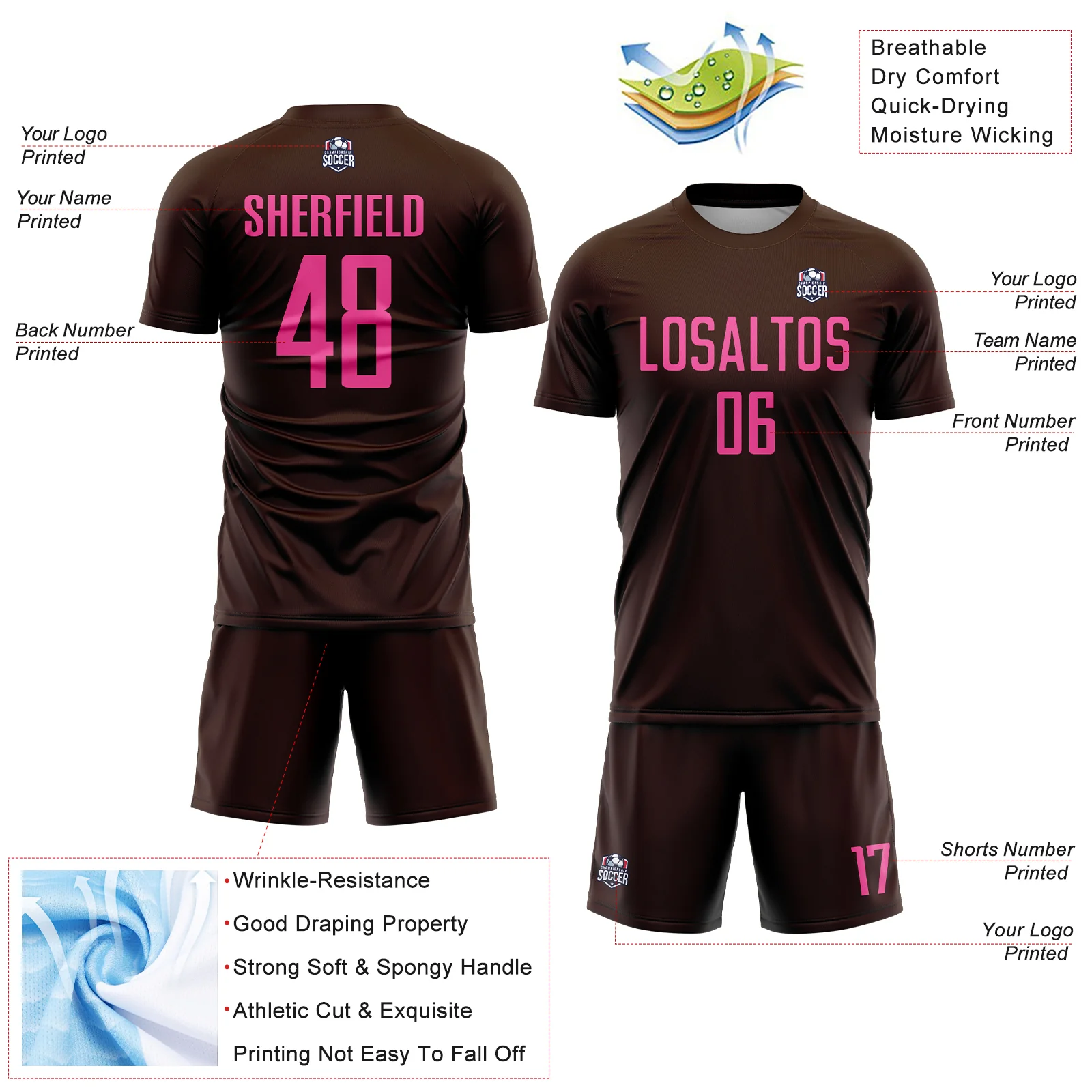 Custom Brown Pink Sublimation Soccer Uniform Jersey - Image 4