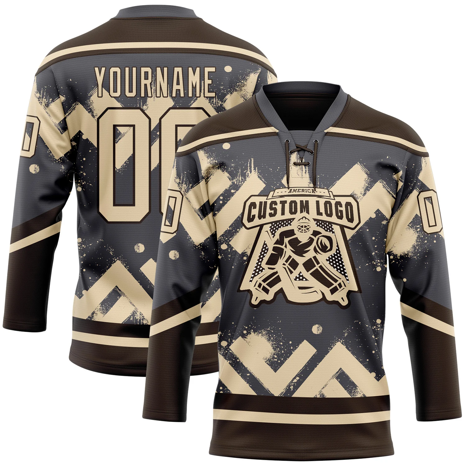 Custom Steel Gray City Cream-Brown Tribal Indigenous Grunge Geometric Splash Hockey Lace Neck Jersey - Image 2