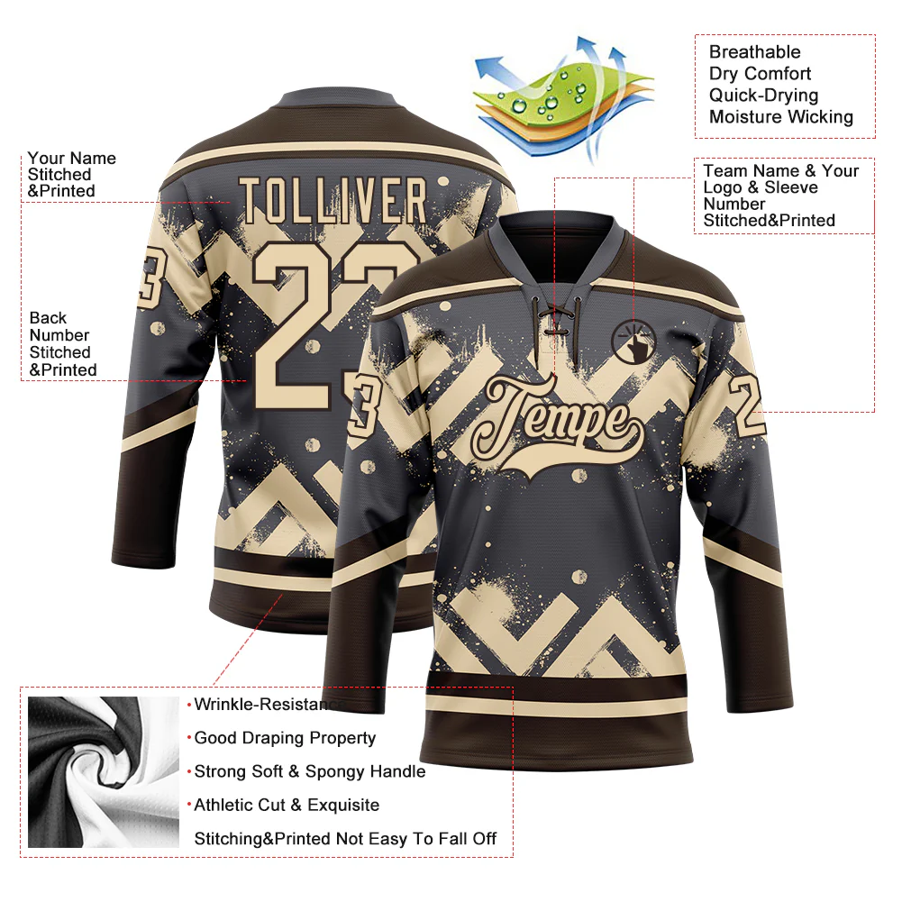 Custom Steel Gray City Cream-Brown Tribal Indigenous Grunge Geometric Splash Hockey Lace Neck Jersey - Image 5