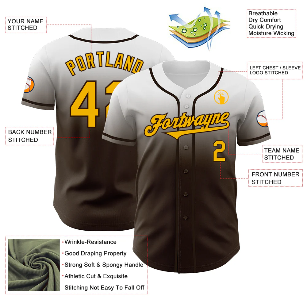 Custom White Gold-Brown Authentic Fade Fashion Baseball Jersey - Image 3