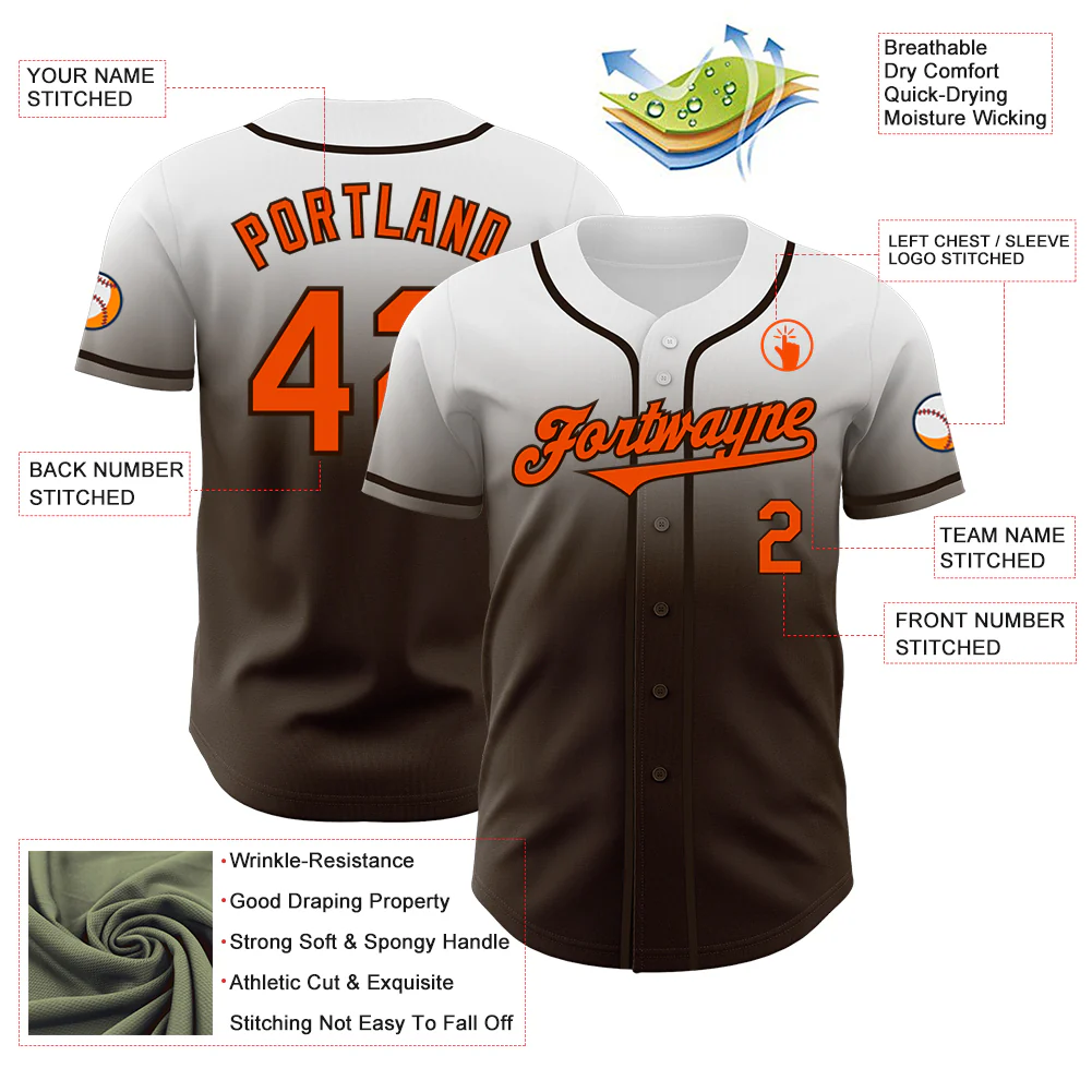 Custom White Orange-Brown Authentic Fade Fashion Baseball Jersey - Image 3