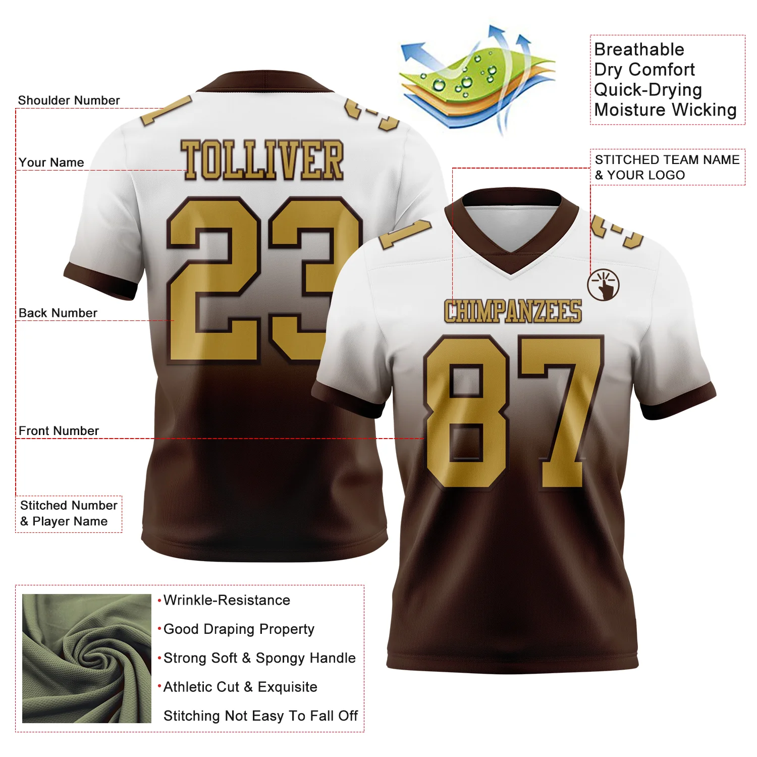 Custom White Old Gold-Brown Authentic Fade Fashion Football Jersey - Image 2