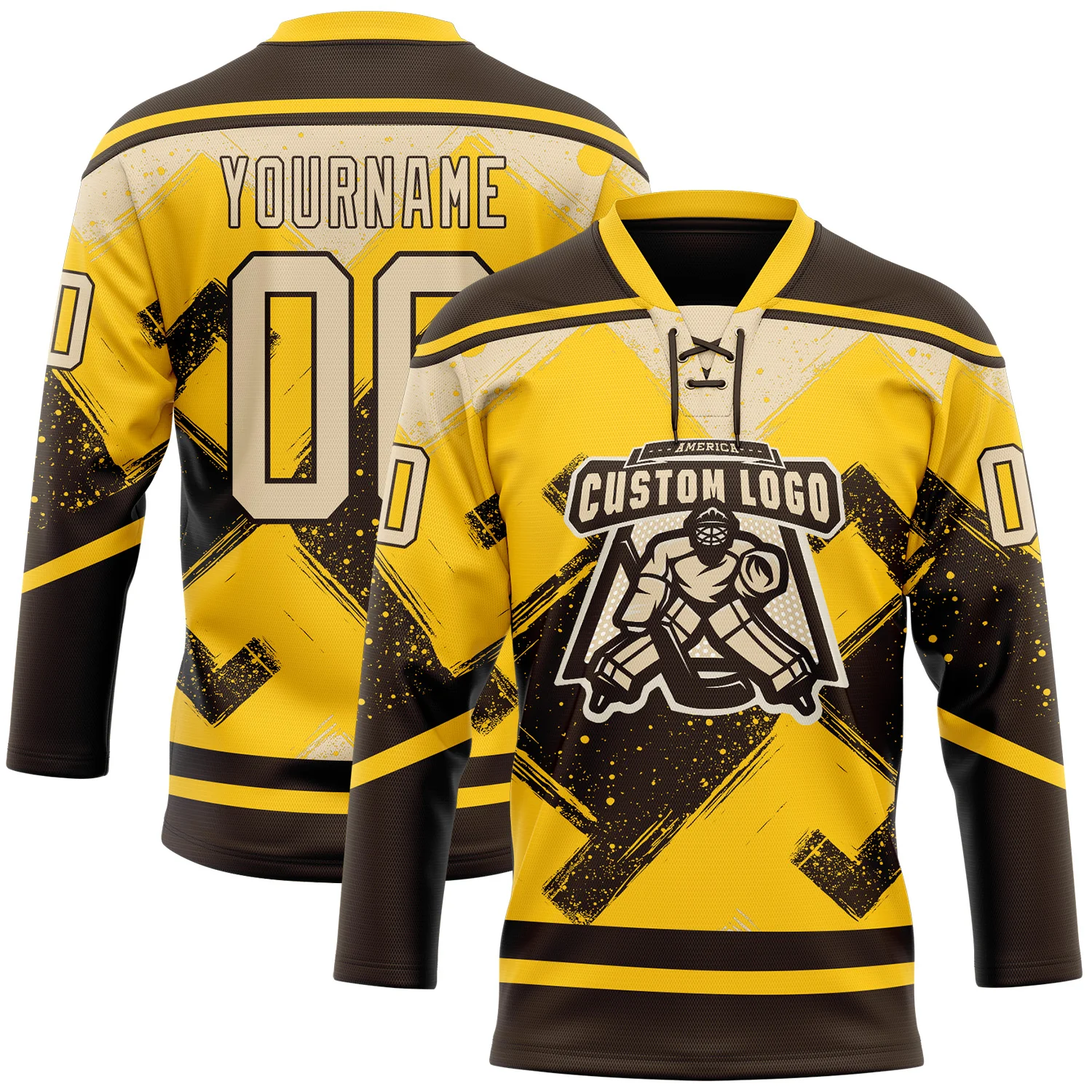 Custom Yellow City Cream-Brown Tribal Indigenous Grunge Geometric Splash Hockey Lace Neck Jersey - Image 2