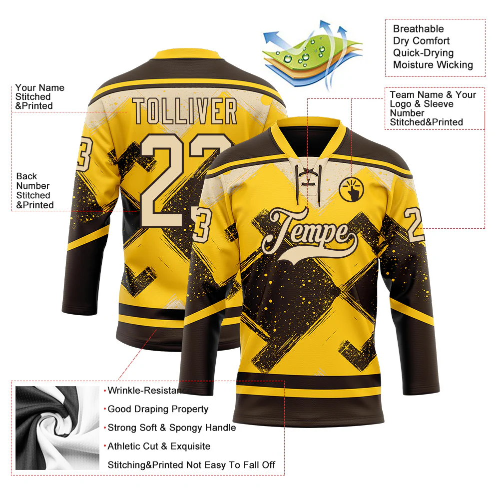 Custom Yellow City Cream-Brown Tribal Indigenous Grunge Geometric Splash Hockey Lace Neck Jersey - Image 5