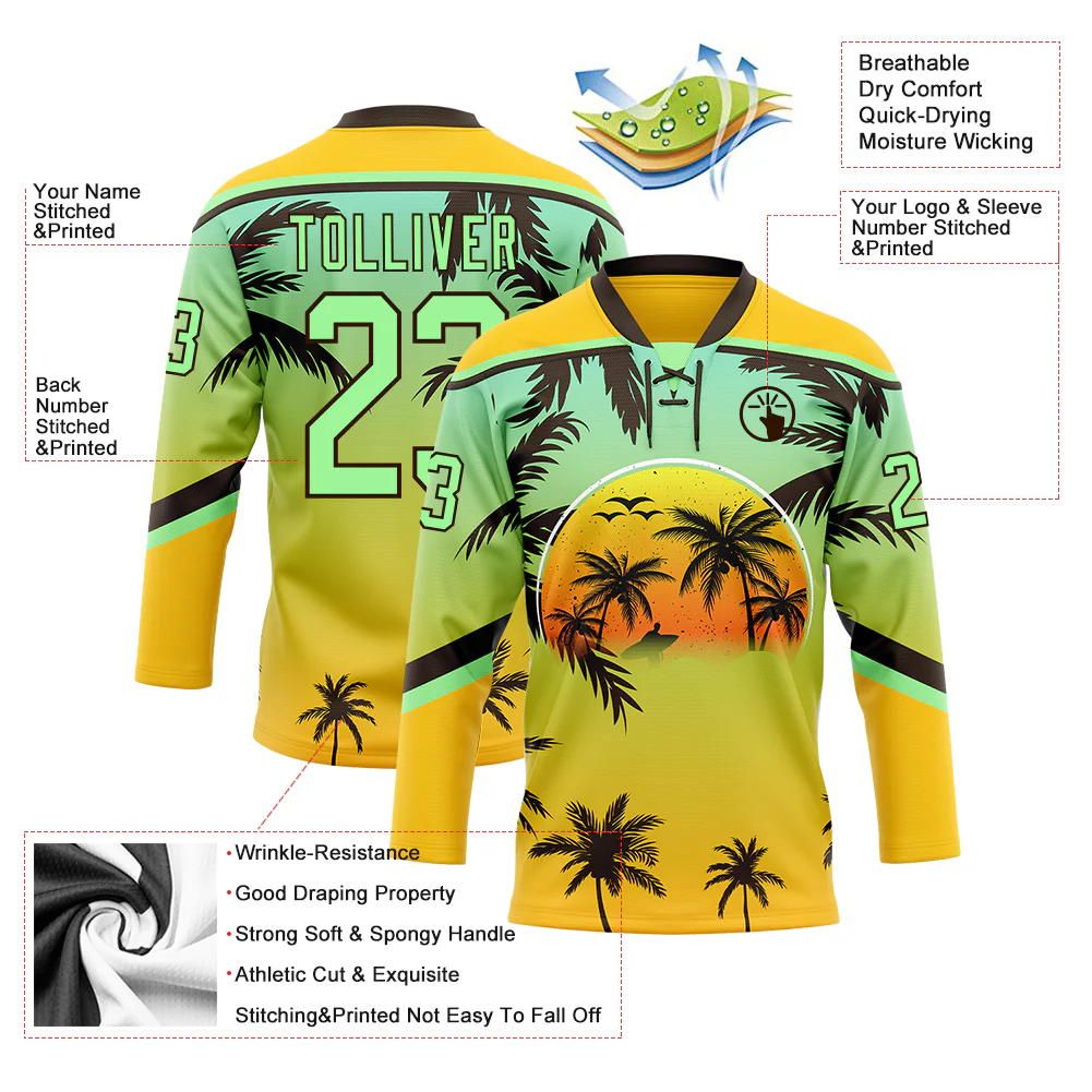 Custom Yellow Pea Green-Brown Gradient Hawaii Tropical Palm Trees Hockey Lace Neck Jersey - Image 4