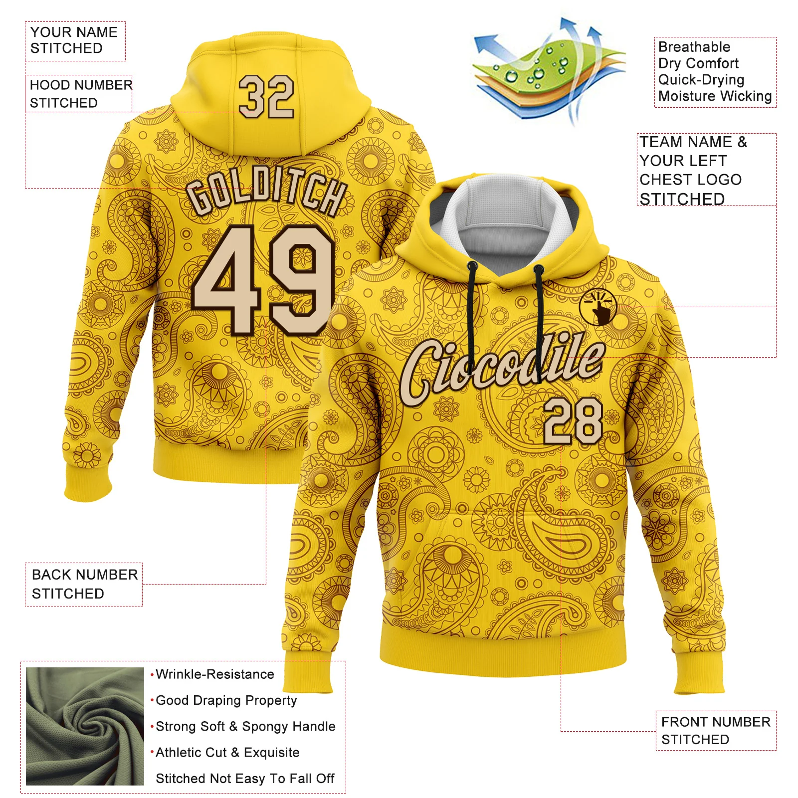 Custom Stitched Yellow City Cream-Brown 3D Pattern Design Ethnic Paisley Floral Bandana Sports Pullover Sweatshirt Hoodie - Image 2