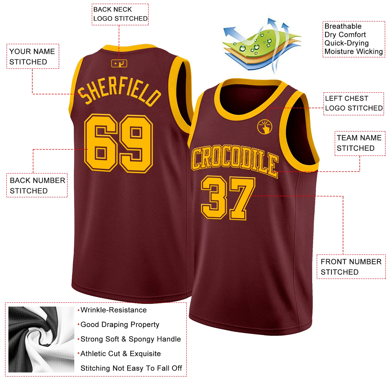 Custom Burgundy Gold Authentic Basketball Jersey - Image 2
