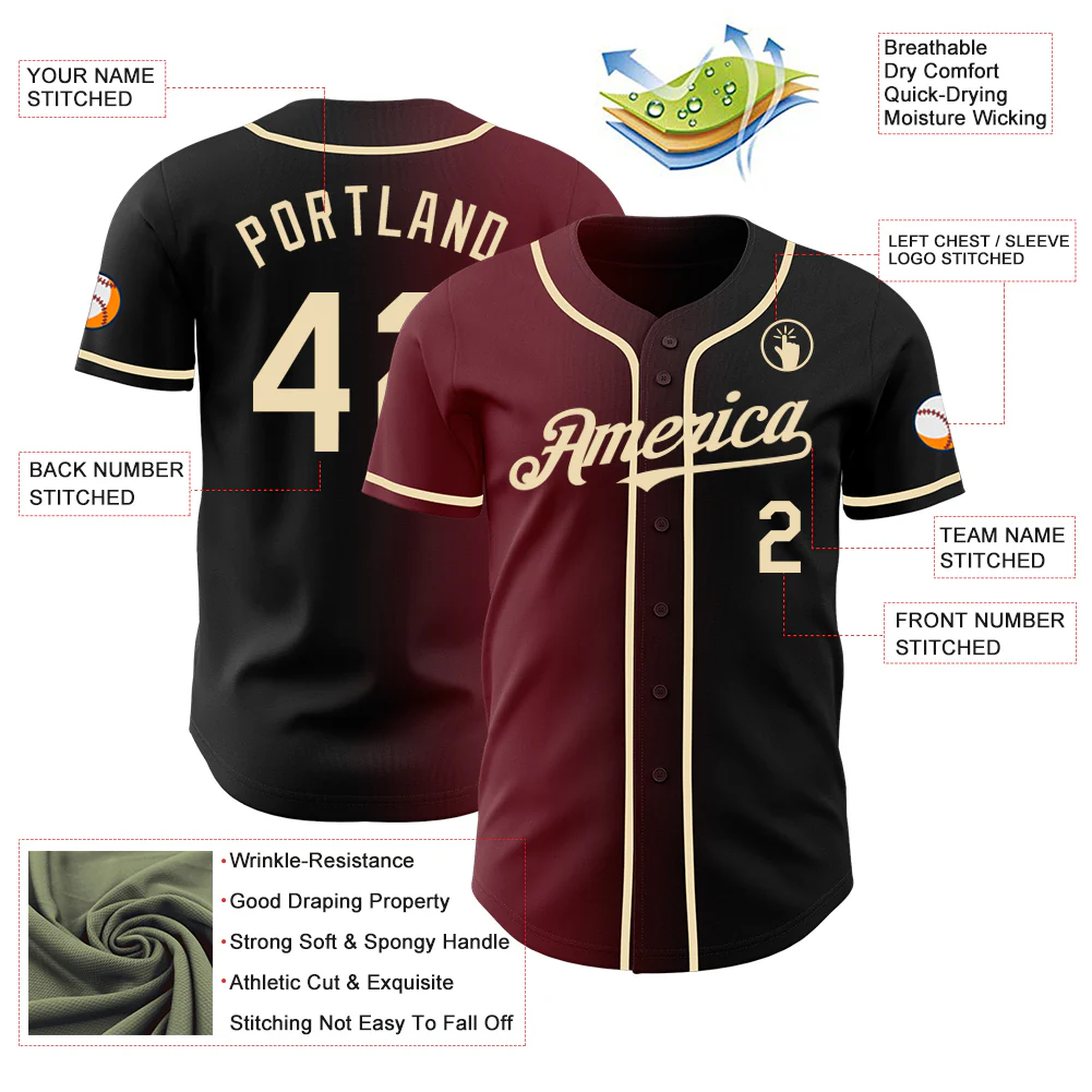 Custom Black Cream-Burgundy Authentic Gradient Fashion Baseball Jersey - Image 3