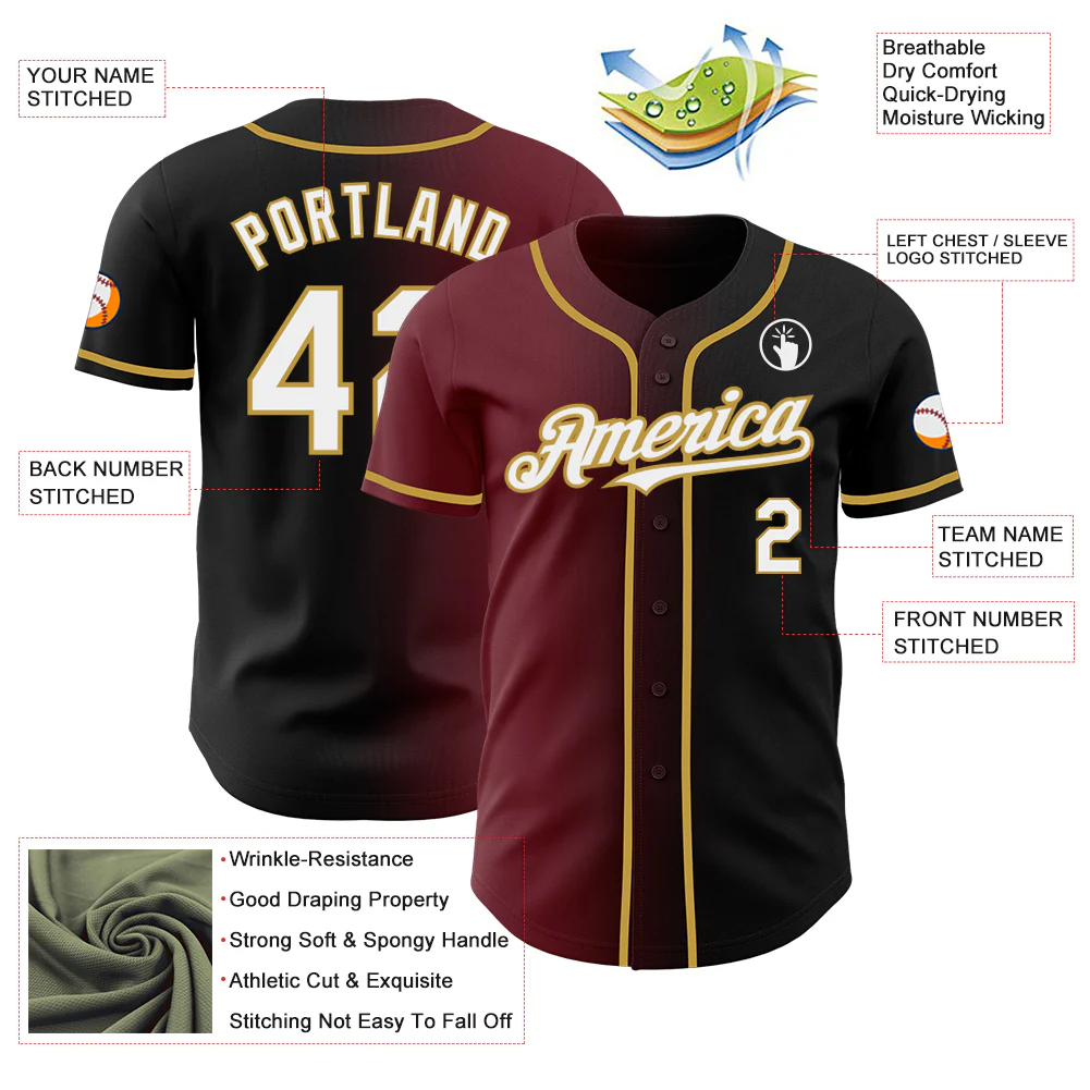 Custom Black White Burgundy-Old Gold Authentic Gradient Fashion Baseball Jersey - Image 3