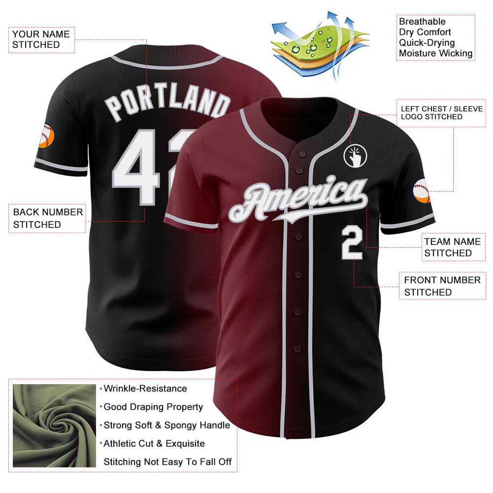 Custom Black White Burgundy-Gray Authentic Gradient Fashion Baseball Jersey - Image 3