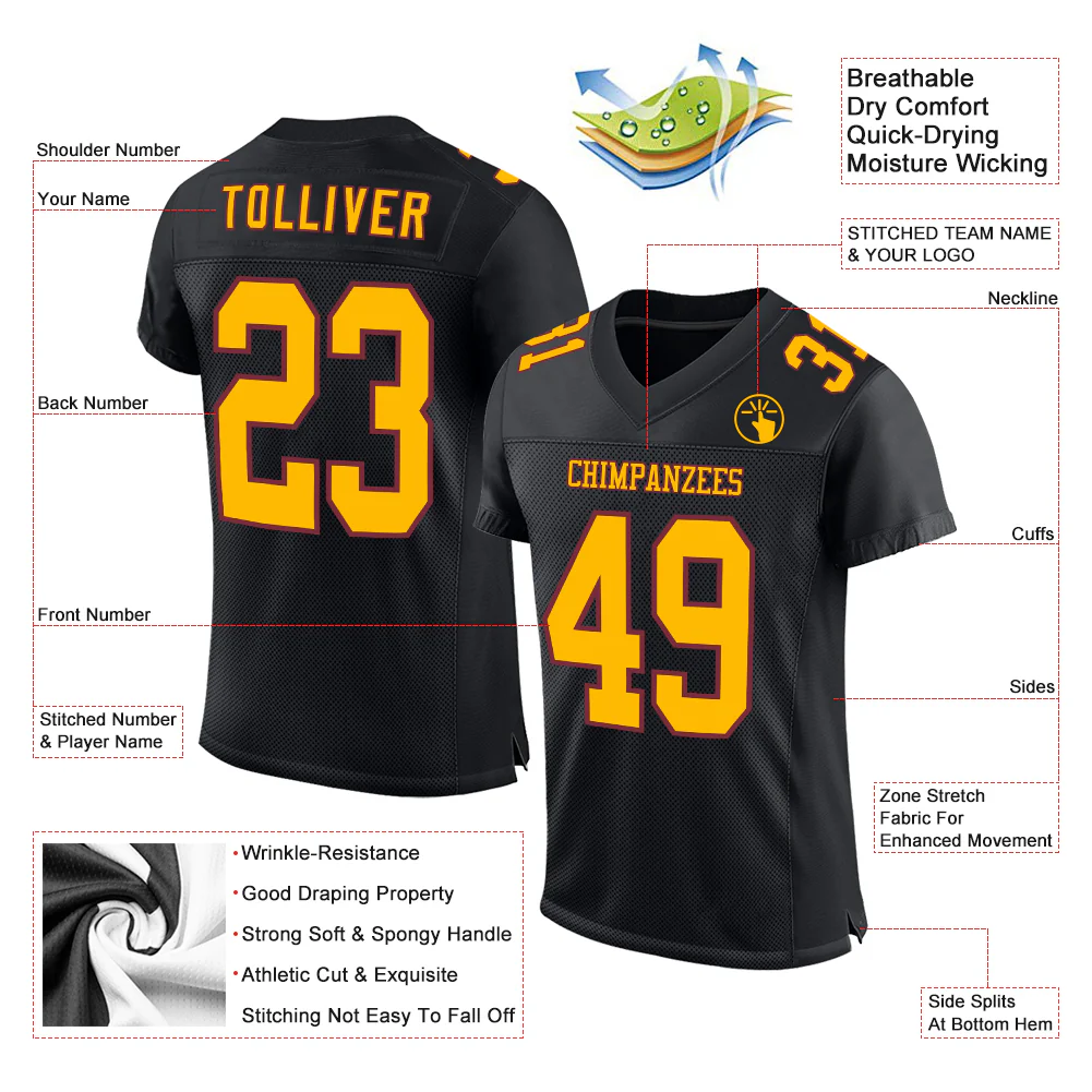 Custom Black Gold-Burgundy Mesh Authentic Football Jersey - Image 2