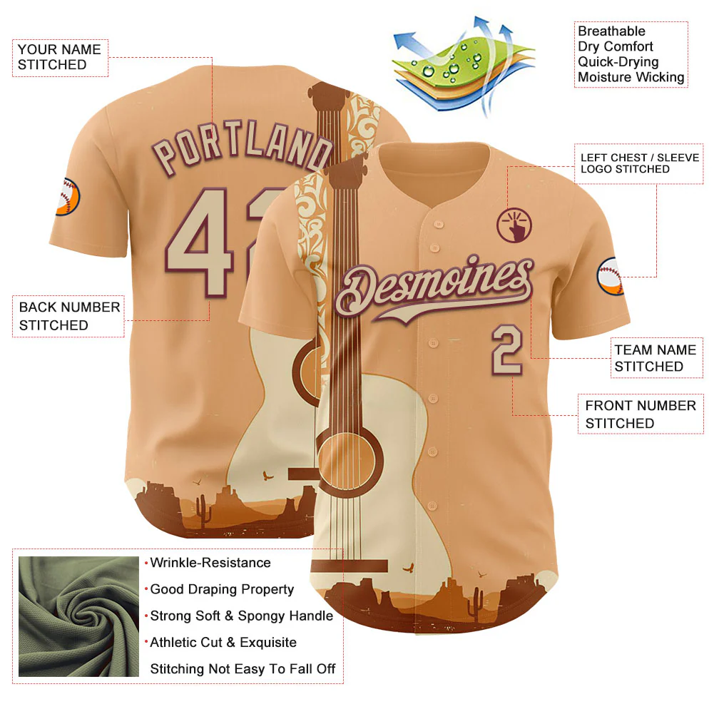 Custom City Cream Burgundy Texas Sunset Southwest Landscape Guitar City Edition Authentic Baseball Jersey - Image 3