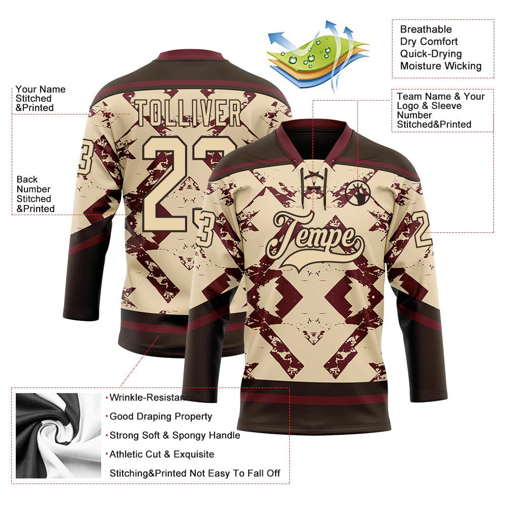 Custom City Cream Burgundy-Brown Tribal Indigenous Grunge Splash Hockey Lace Neck Jersey - Image 5