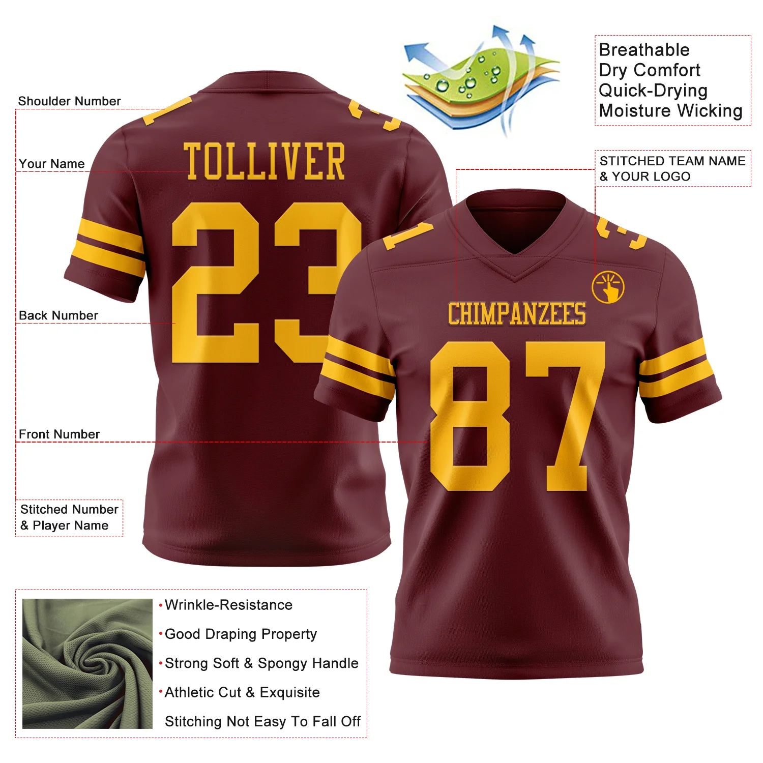 Custom Burgundy Gold Authentic Football Jersey - Image 3