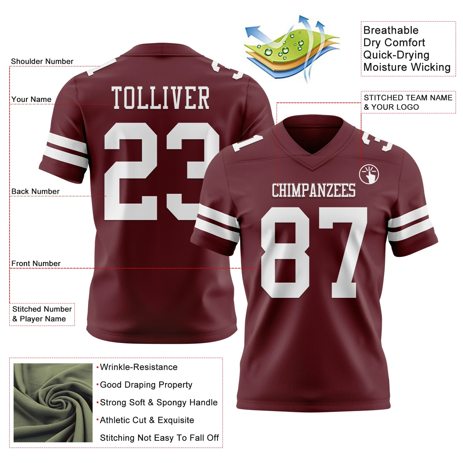 Custom Burgundy White Authentic Football Jersey - Image 3