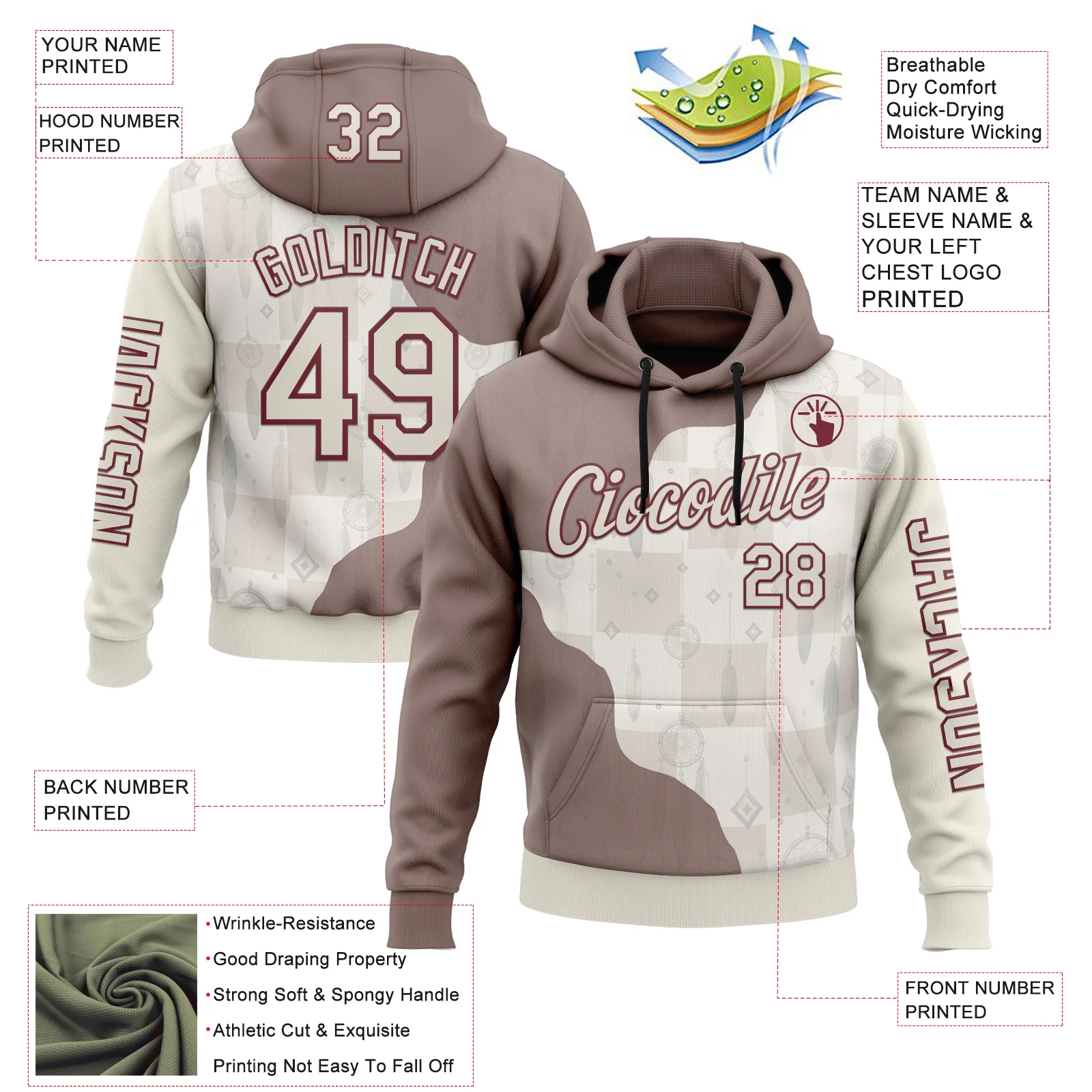 Custom Cream Burgundy 3D Pattern Design Ethnic Tribal Sportswear Pullover Sweatshirt Hoodie - Image 2