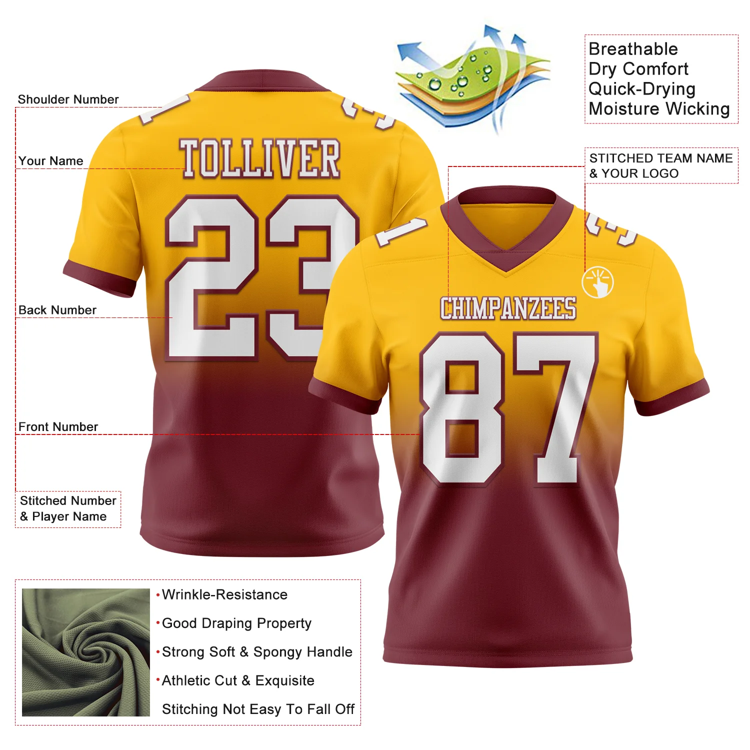 Custom Gold White-Burgundy Authentic Fade Fashion Football Jersey - Image 2