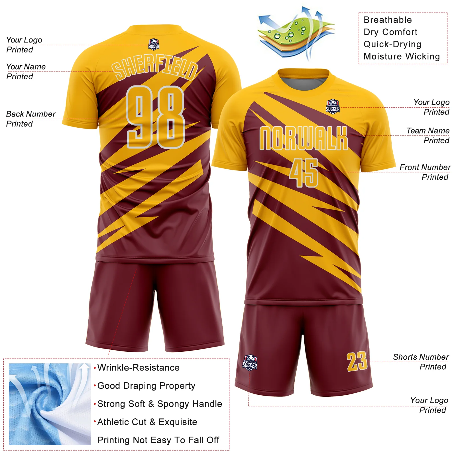 Custom Gold Burgundy-White Abstract Line Sports Sublimation Soccer Uniform Jersey - Image 4