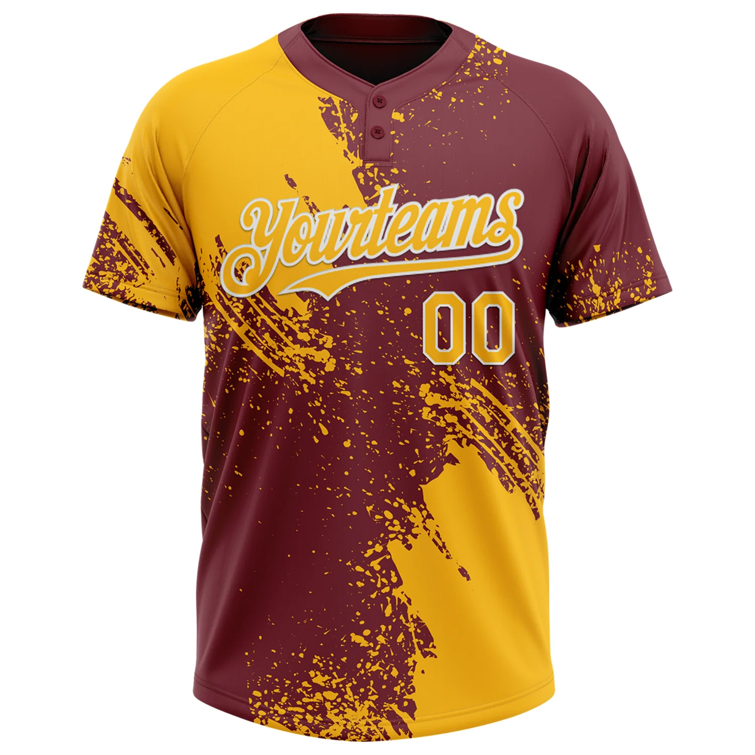 Custom Gold Burgundy-White 3D Pattern Abstract Brush Stroke Two-Button Unisex Softball Jersey - Image 2