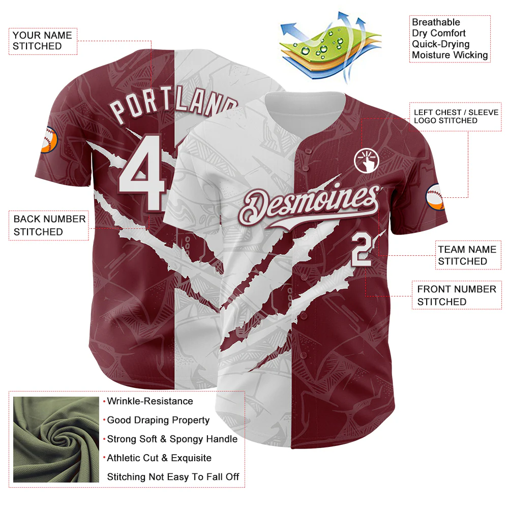 Custom Graffiti Pattern White-Burgundy 3D Scratch Authentic Baseball Jersey - Image 3