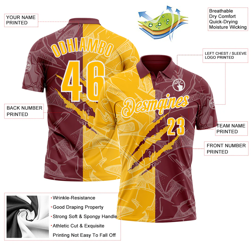 Custom Graffiti Pattern Gold Burgundy-White 3D Scratch Performance Polo Shirt - Image 3
