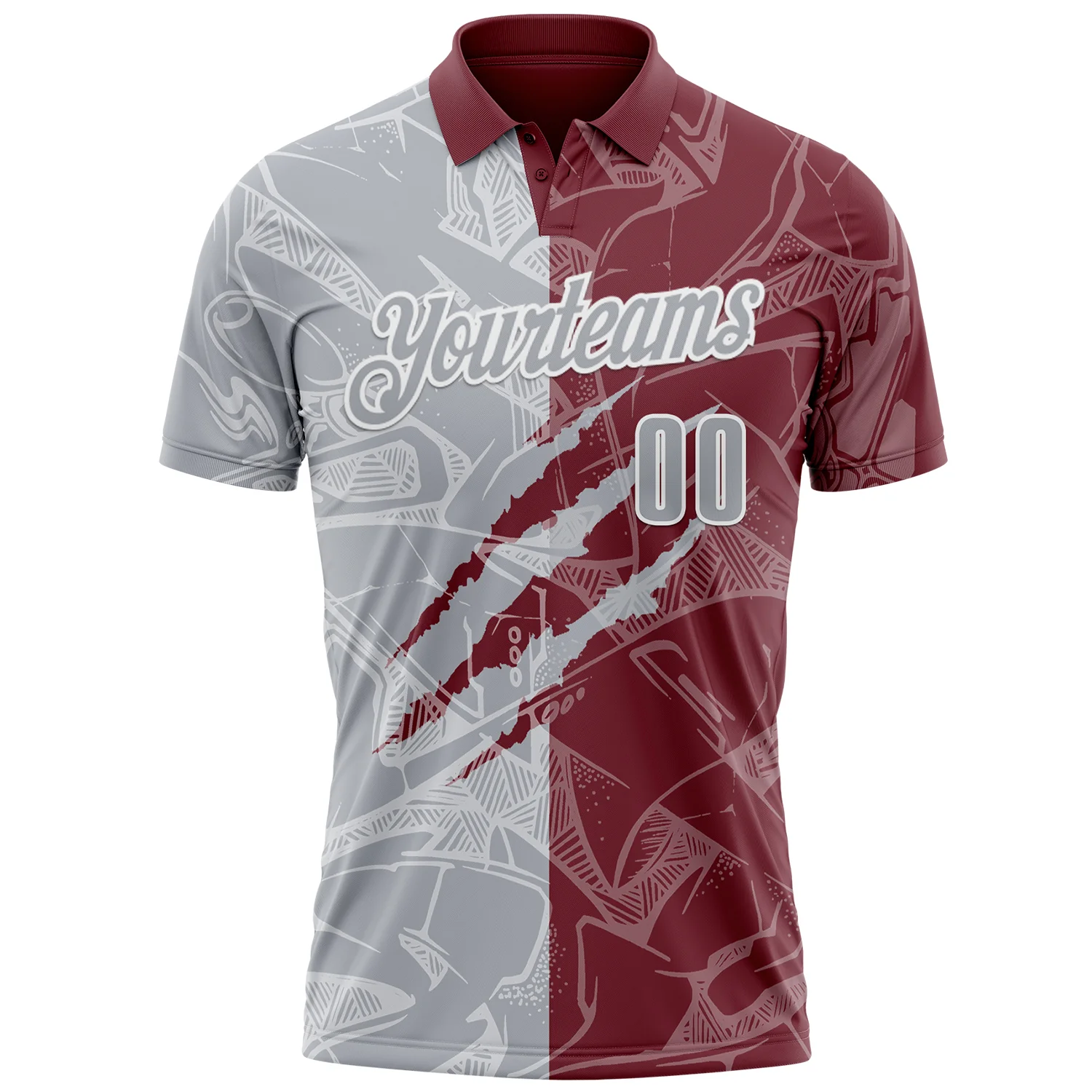 Custom Graffiti Pattern Gray Burgundy-White 3D Scratch Performance Polo Shirt - Image 2