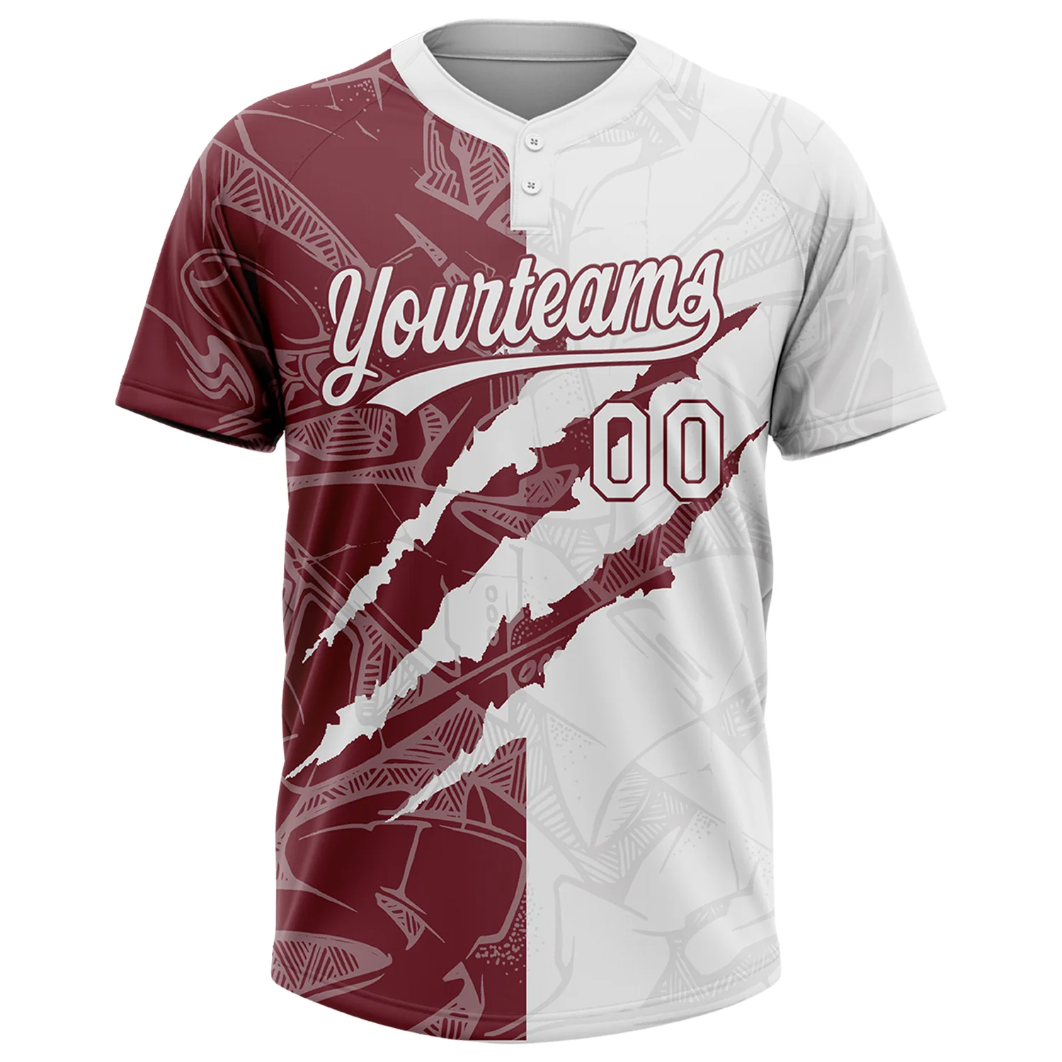 Custom Graffiti Pattern White-Burgundy 3D Scratch Two-Button Unisex Softball Jersey - Image 2