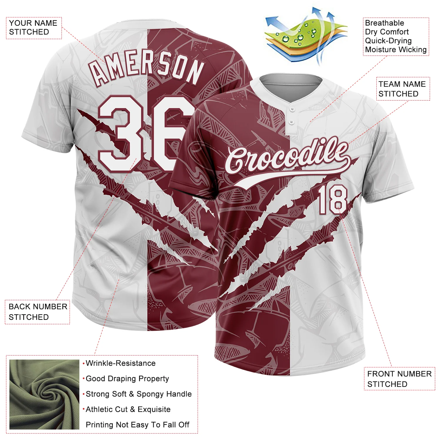 Custom Graffiti Pattern White-Burgundy 3D Scratch Two-Button Unisex Softball Jersey - Image 3
