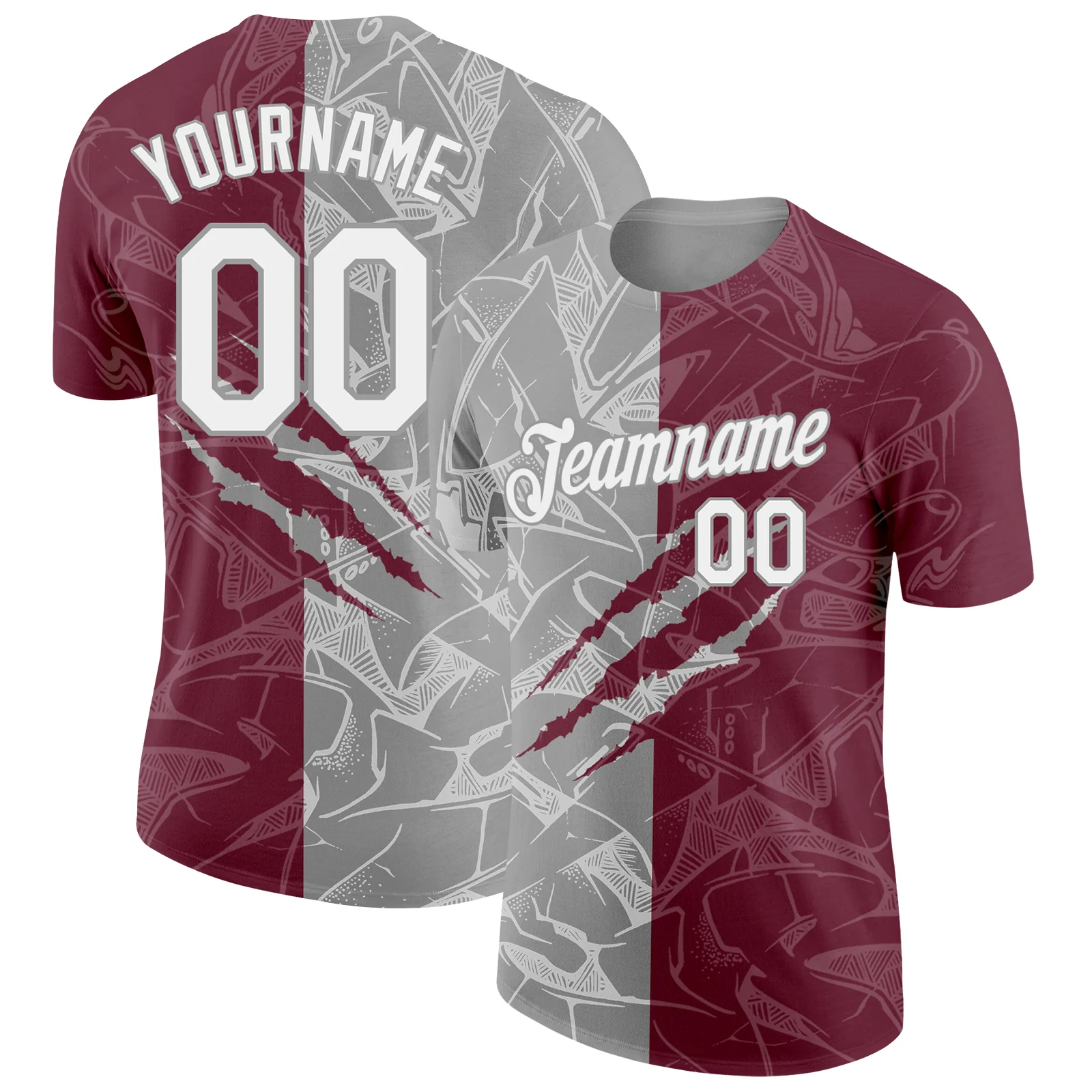 Custom Graffiti Pattern White Burgundy-Gray Scratch 3D Performance T-Shirt