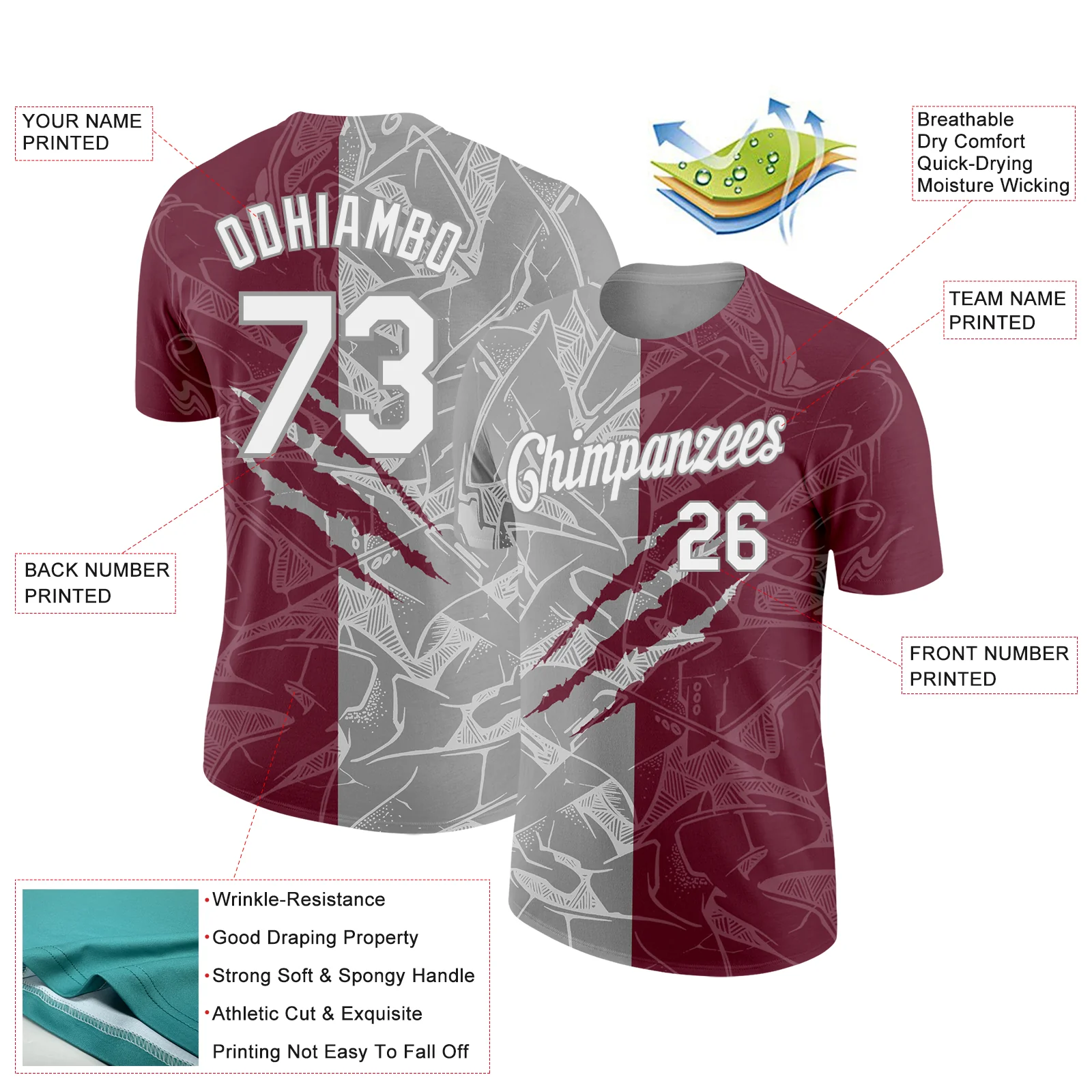 Custom Graffiti Pattern White Burgundy-Gray Scratch 3D Performance T-Shirt - Image 2