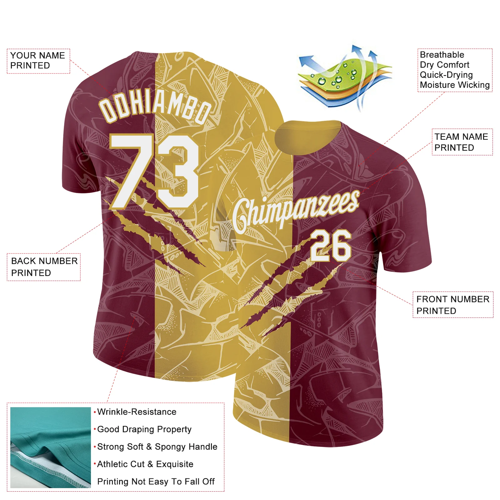 Custom Graffiti Pattern White Burgundy-Old Gold Scratch 3D Performance T-Shirt - Image 2